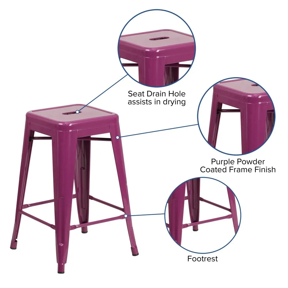 24 High Backless Metal Indoor-Outdoor Counter Height Stool w/Square Seat