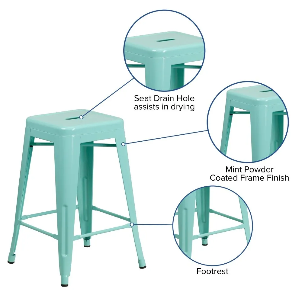 24 High Backless Metal Indoor-Outdoor Counter Height Stool w/Square Seat