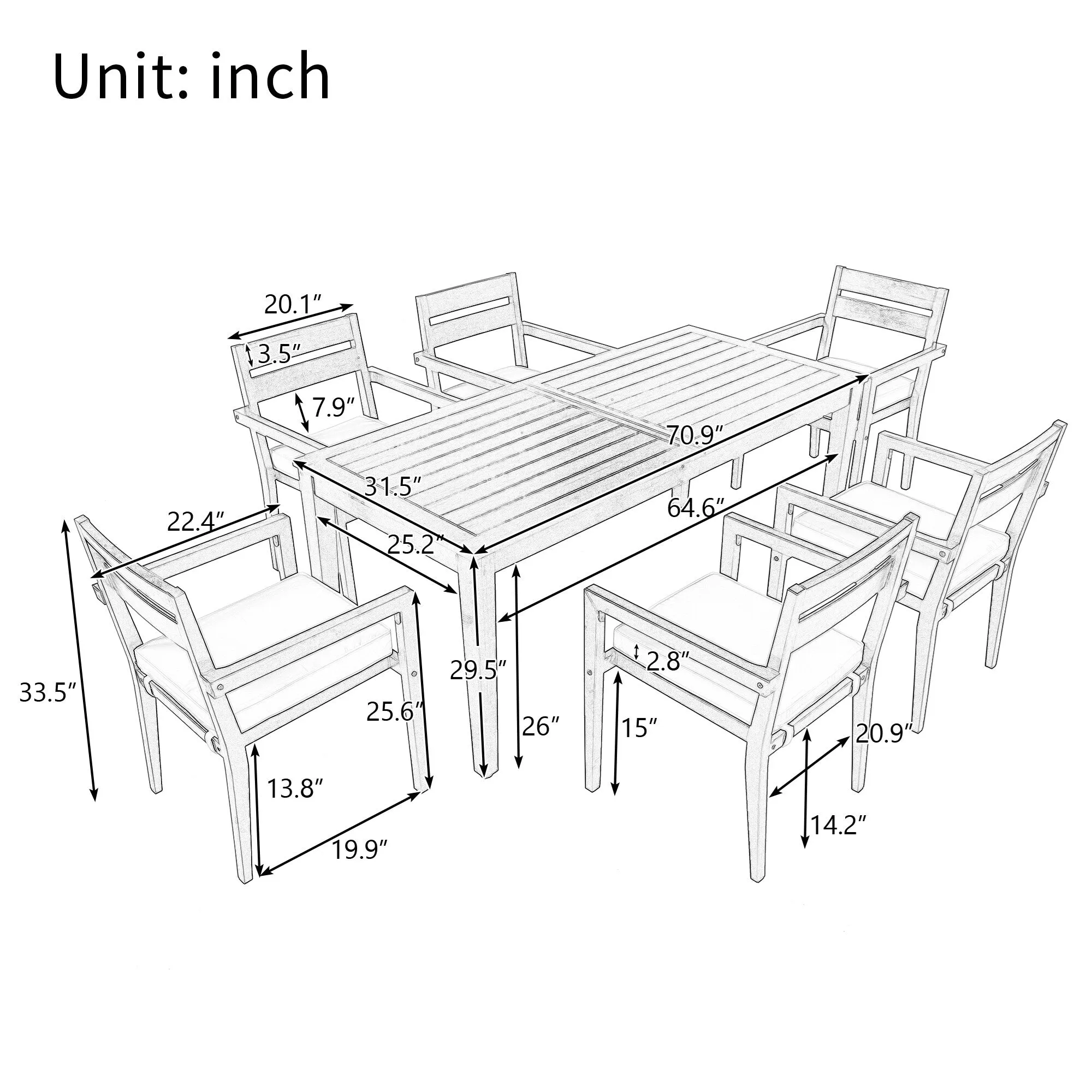 Acacia Wood Outdoor Table and Chairs Set for Patio (Set of 7)