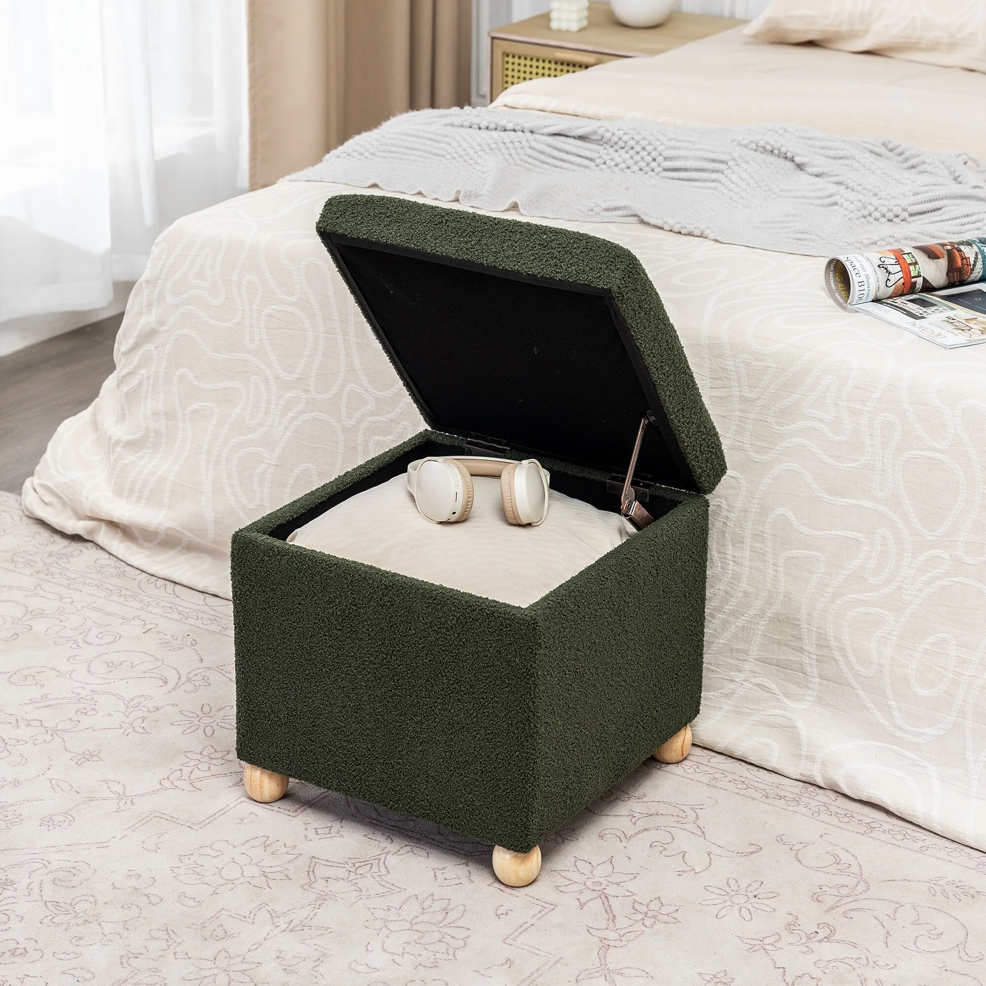 Adeco Floral Printed Linen Cube Storage Ottoman Footrest Footstool