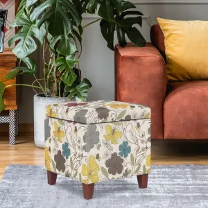 Adeco Floral Printed Linen Cube Storage Ottoman Footrest Footstool