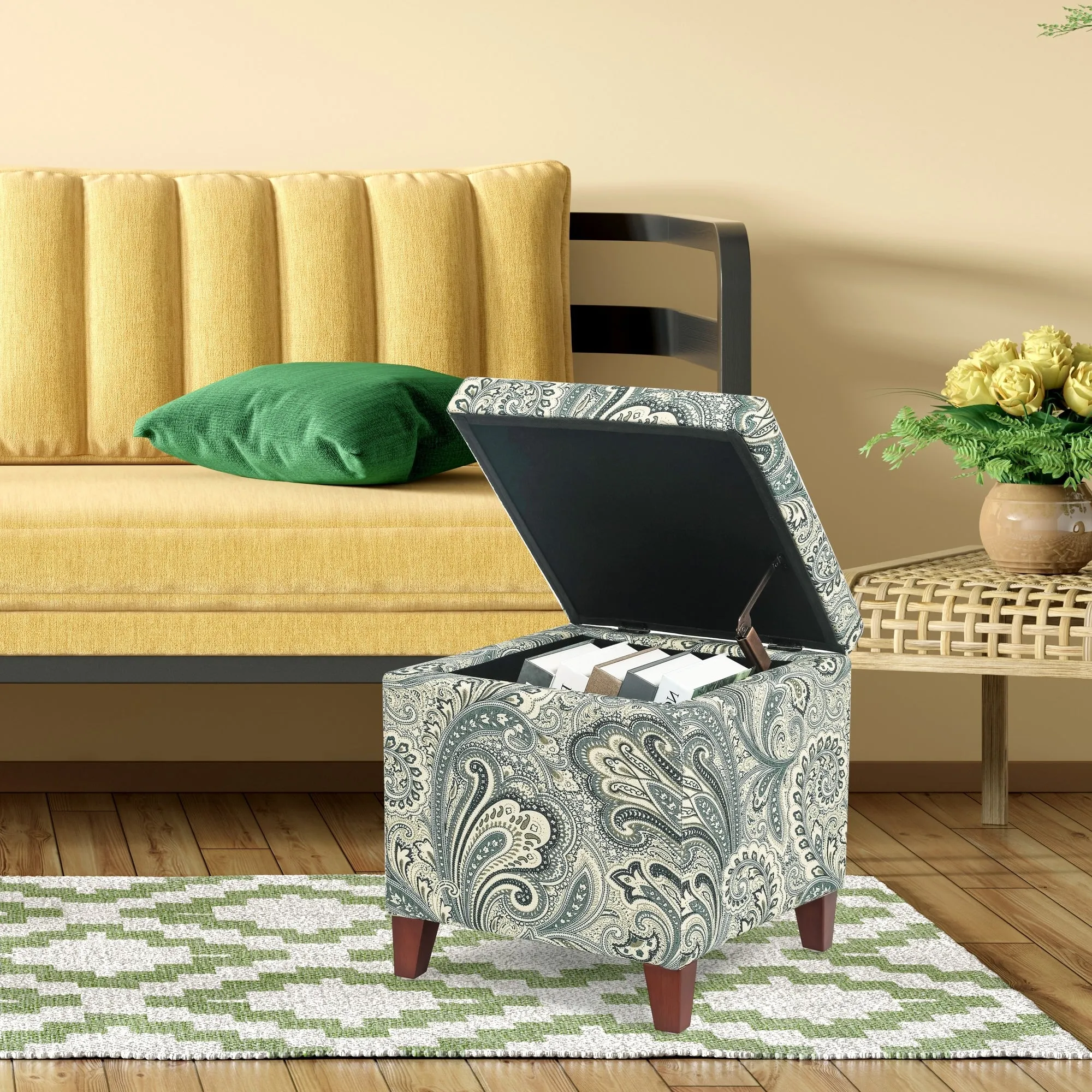 Adeco Floral Printed Linen Cube Storage Ottoman Footrest Footstool