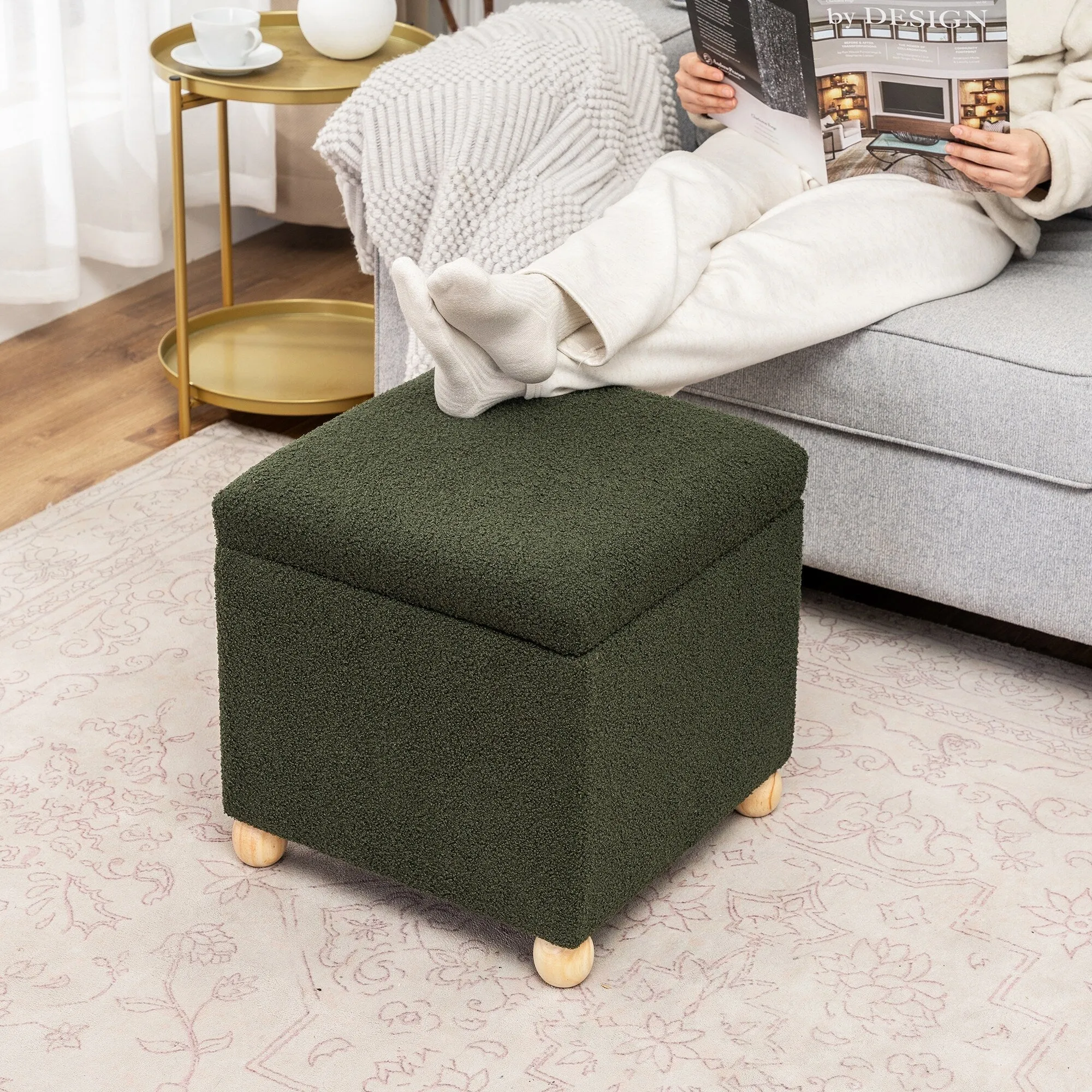 Adeco Floral Printed Linen Cube Storage Ottoman Footrest Footstool