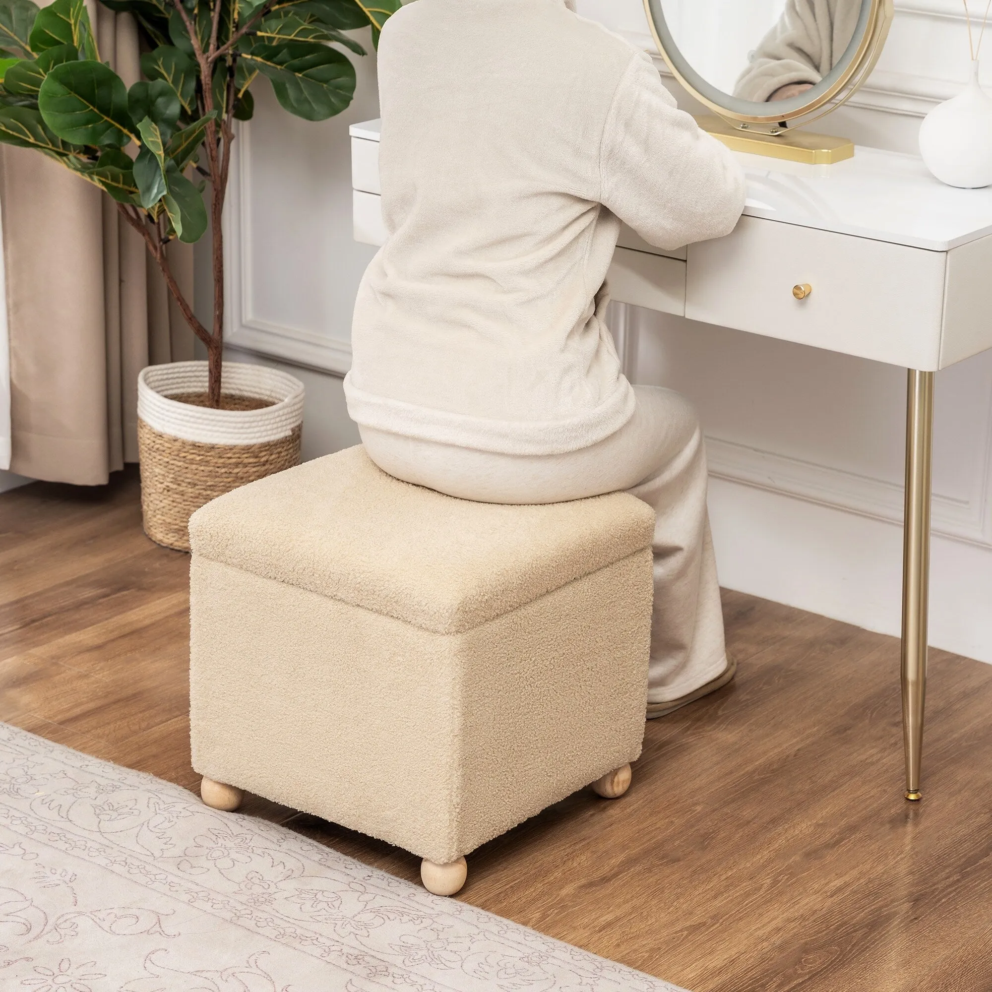 Adeco Floral Printed Linen Cube Storage Ottoman Footrest Footstool