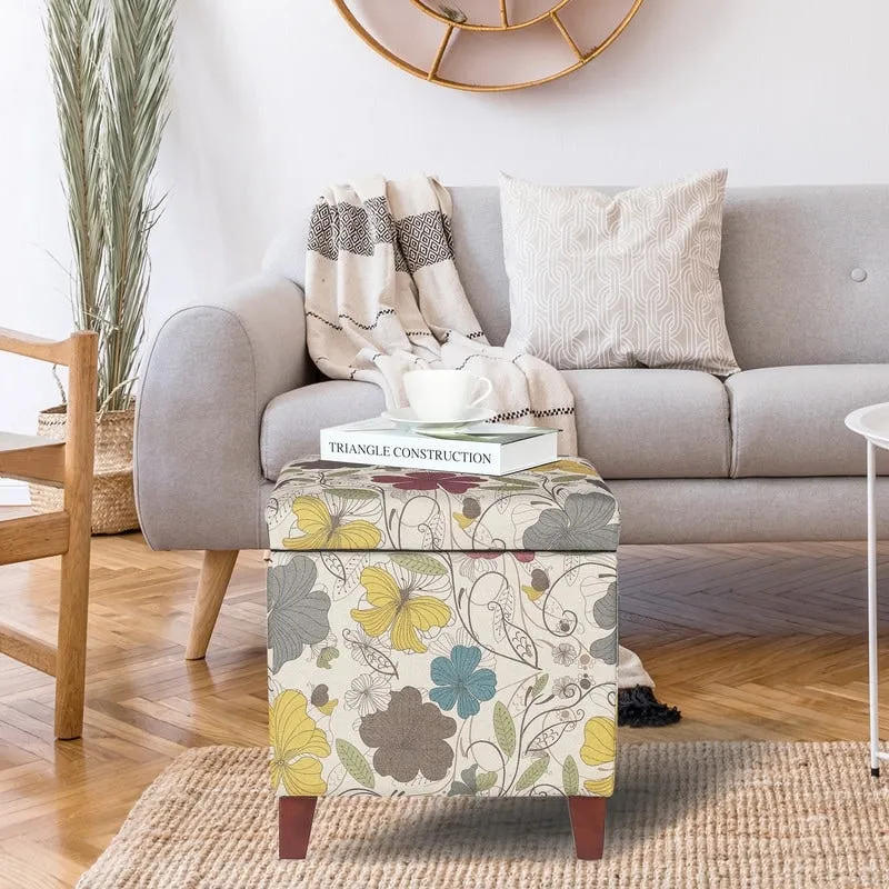 Adeco Floral Printed Linen Cube Storage Ottoman Footrest Footstool