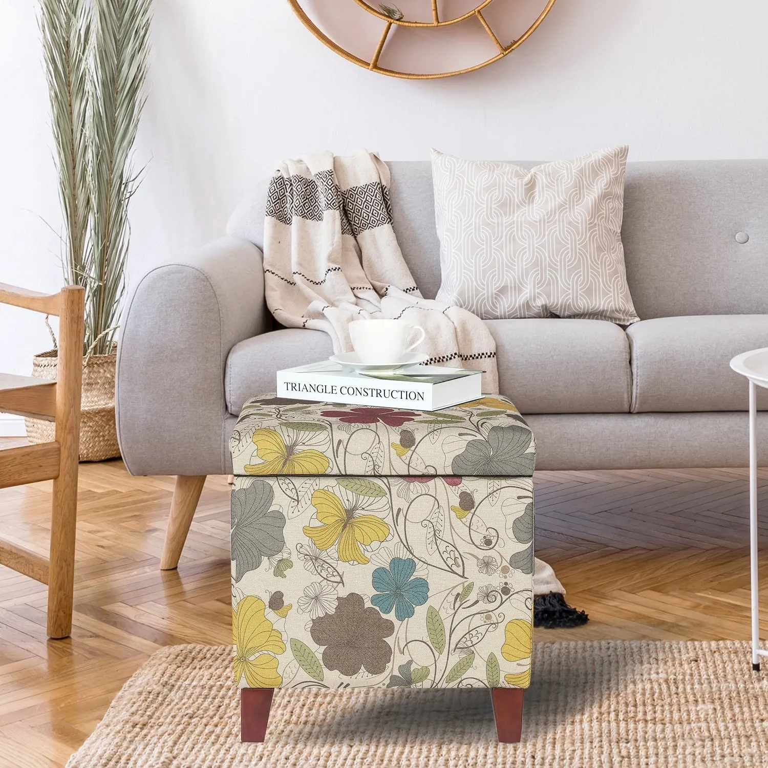Adeco Floral Printed Linen Cube Storage Ottoman Footrest Footstool