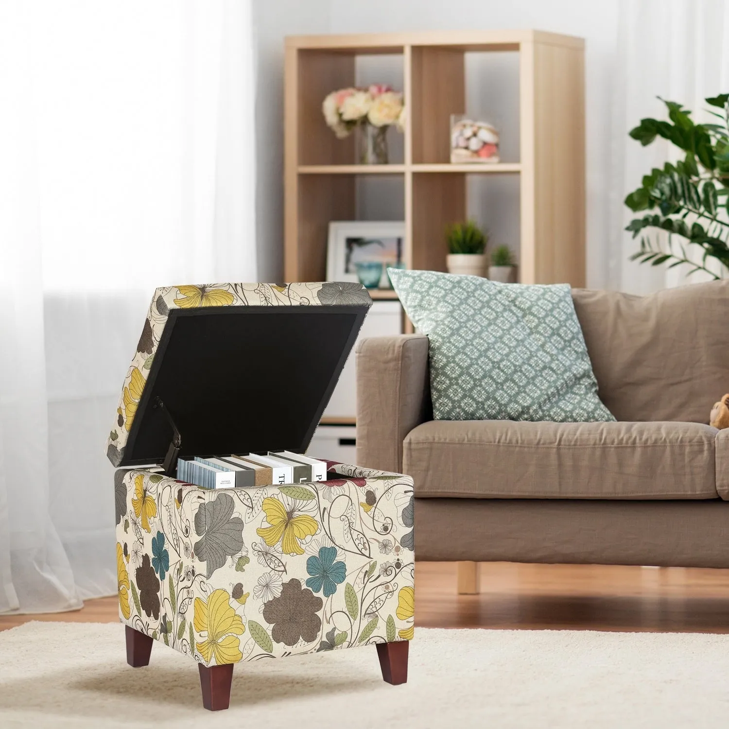Adeco Floral Printed Linen Cube Storage Ottoman Footrest Footstool