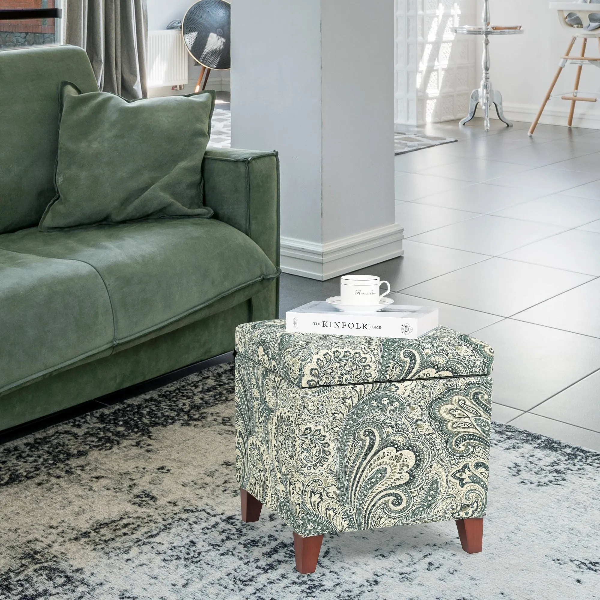 Adeco Floral Printed Linen Cube Storage Ottoman Footrest Footstool