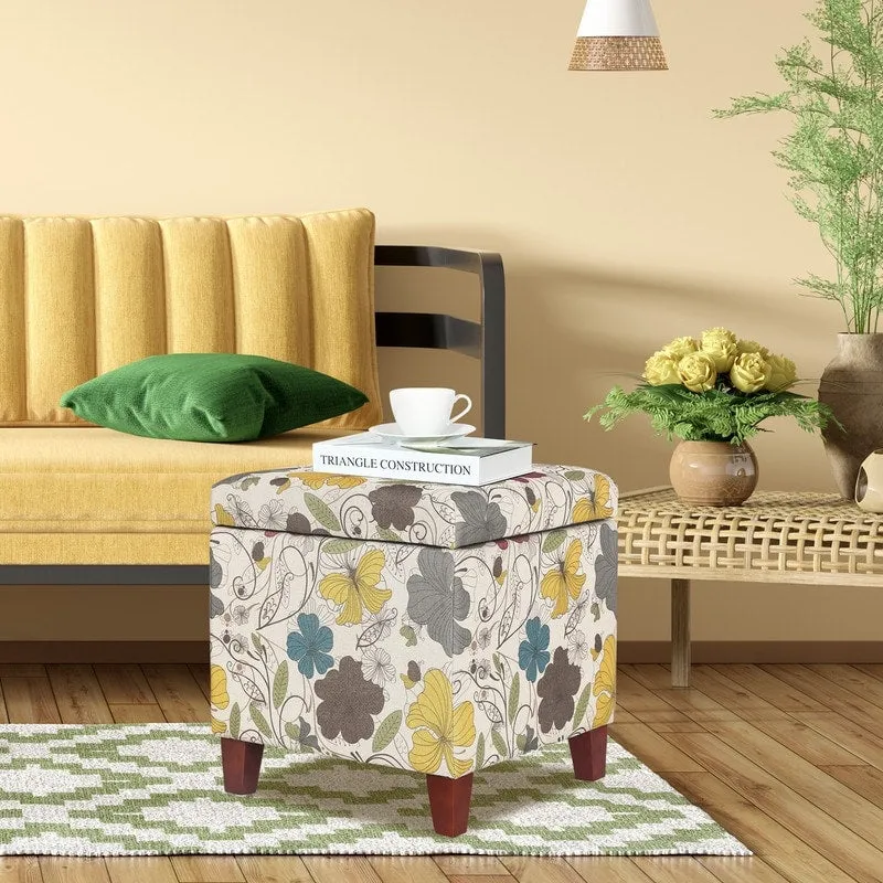 Adeco Floral Printed Linen Cube Storage Ottoman Footrest Footstool