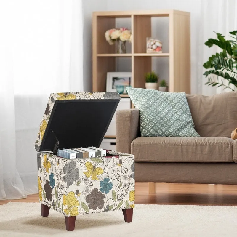 Adeco Floral Printed Linen Cube Storage Ottoman Footrest Footstool