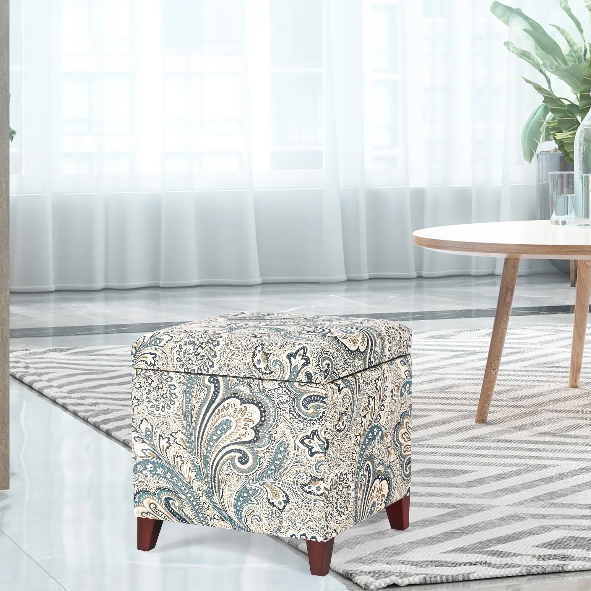 Adeco Floral Printed Linen Cube Storage Ottoman Footrest Footstool