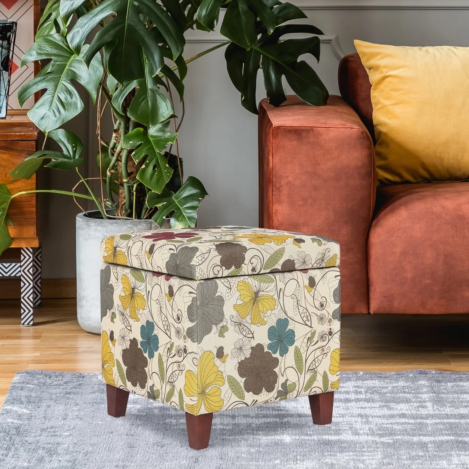 Adeco Floral Printed Linen Cube Storage Ottoman Footrest Footstool