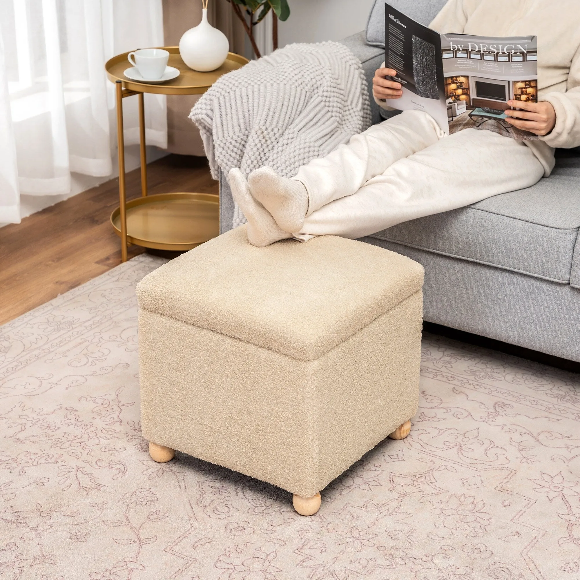 Adeco Floral Printed Linen Cube Storage Ottoman Footrest Footstool