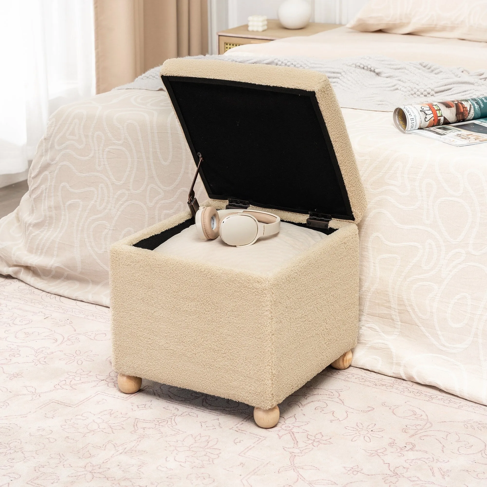 Adeco Floral Printed Linen Cube Storage Ottoman Footrest Footstool