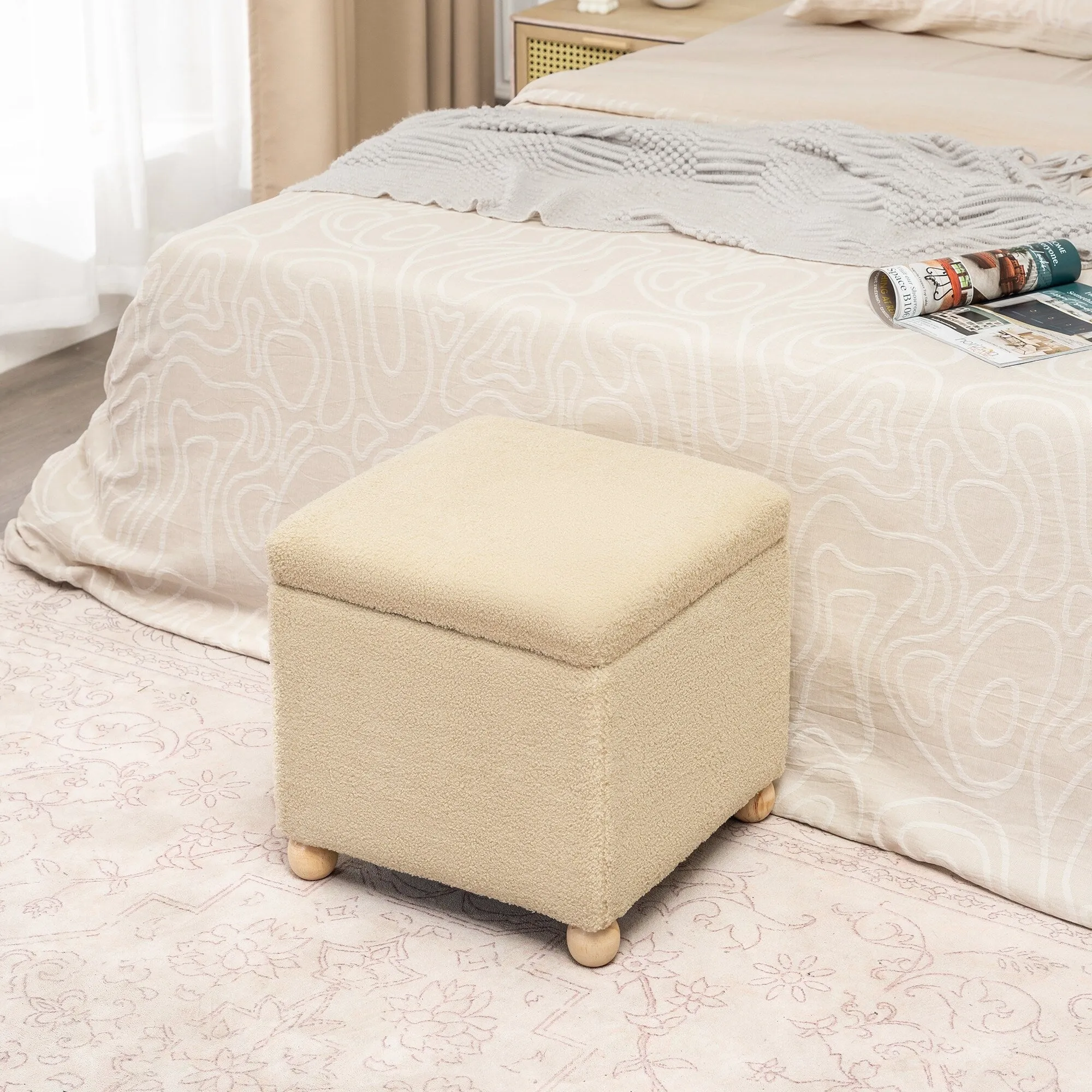 Adeco Floral Printed Linen Cube Storage Ottoman Footrest Footstool