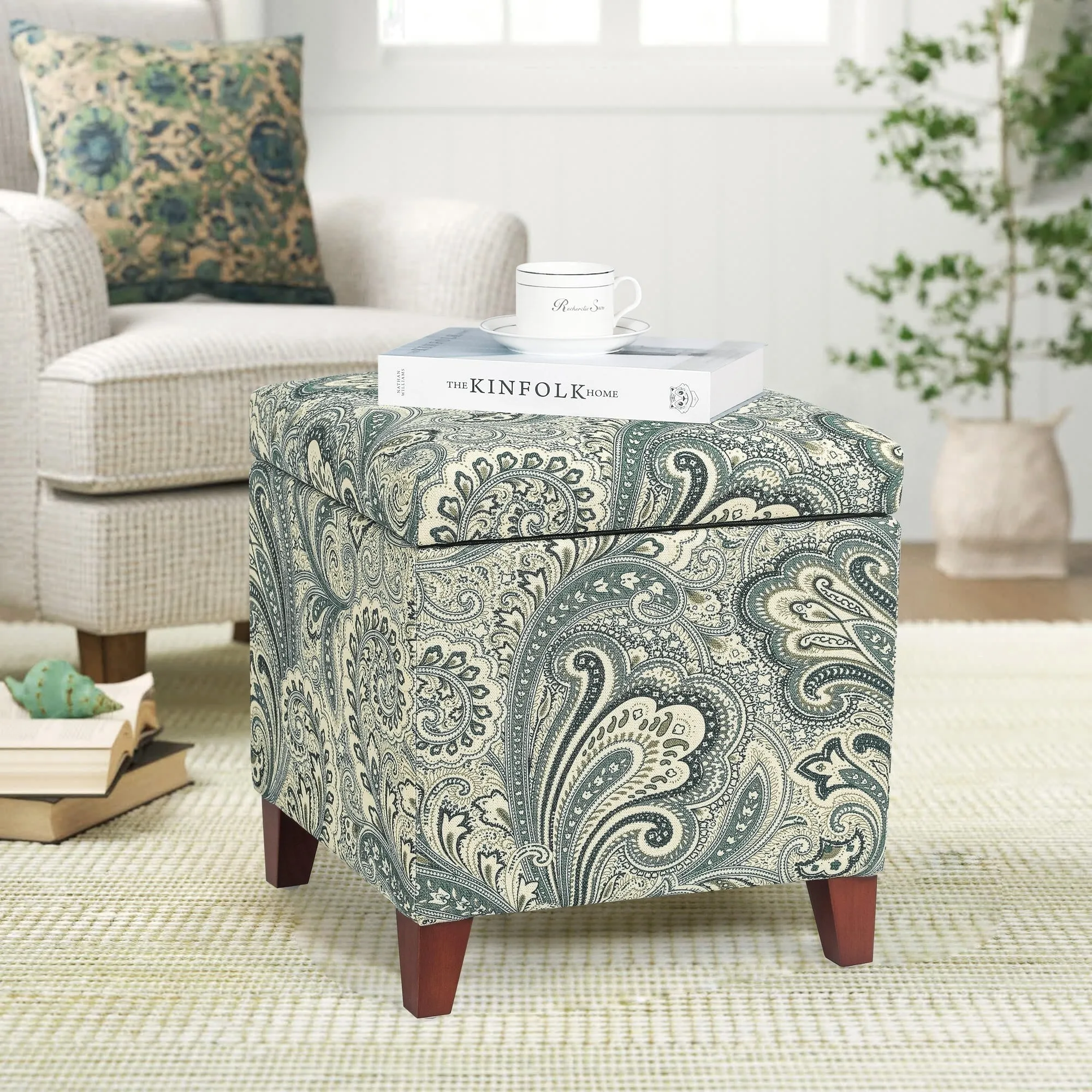 Adeco Floral Printed Linen Cube Storage Ottoman Footrest Footstool