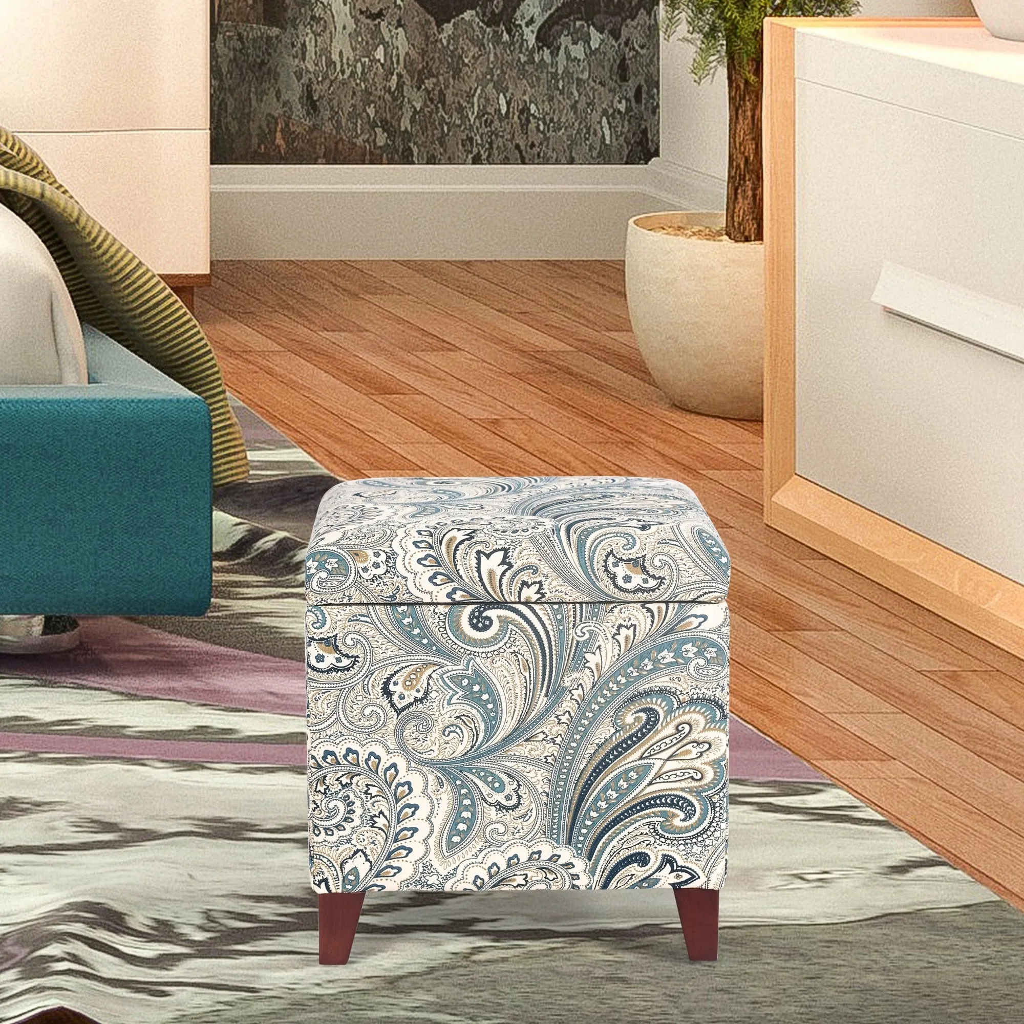 Adeco Floral Printed Linen Cube Storage Ottoman Footrest Footstool