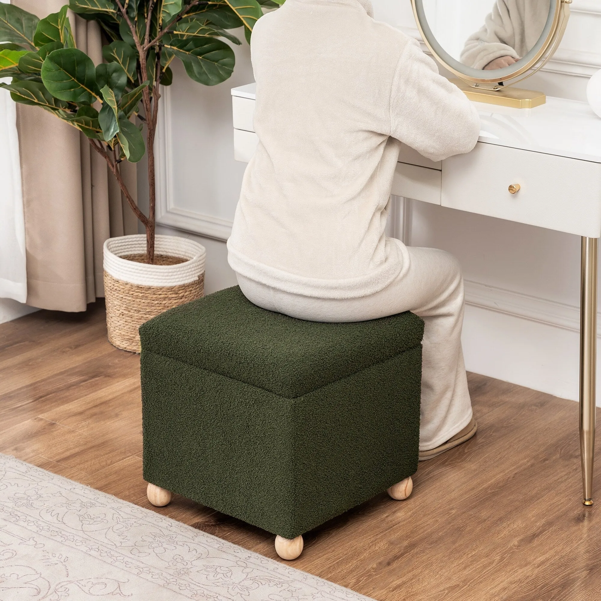 Adeco Floral Printed Linen Cube Storage Ottoman Footrest Footstool