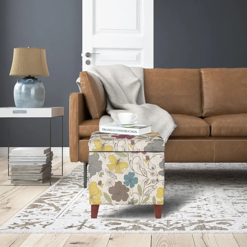 Adeco Floral Printed Linen Cube Storage Ottoman Footrest Footstool