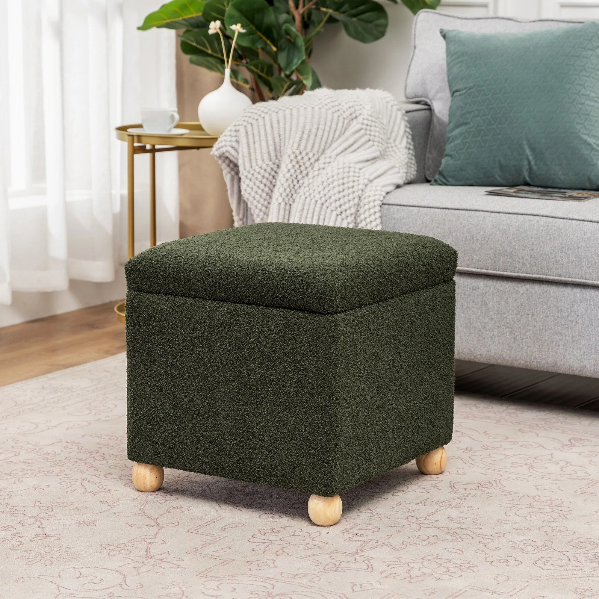 Adeco Floral Printed Linen Cube Storage Ottoman Footrest Footstool
