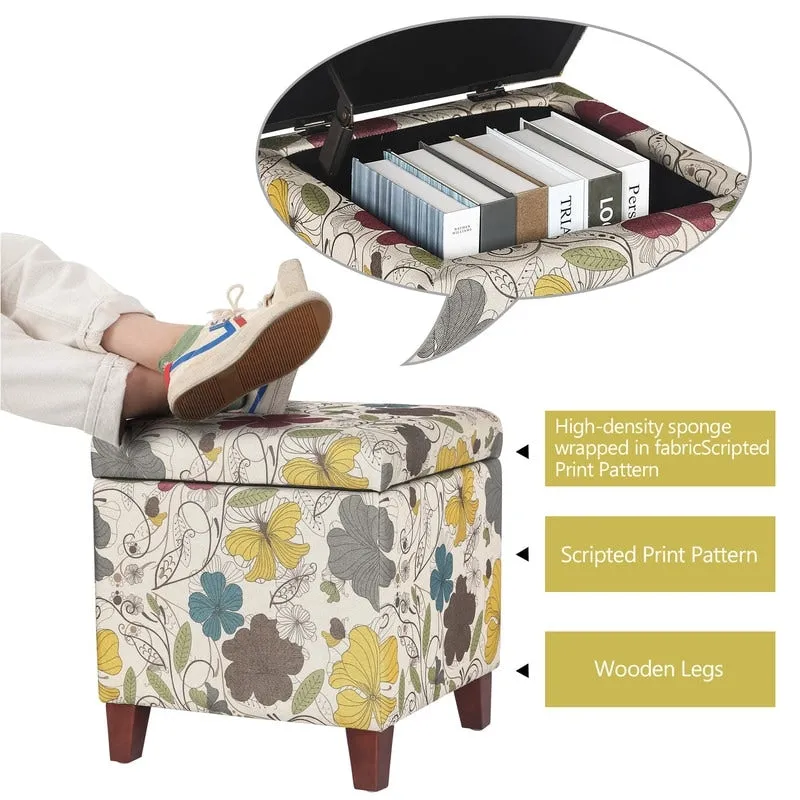 Adeco Floral Printed Linen Cube Storage Ottoman Footrest Footstool