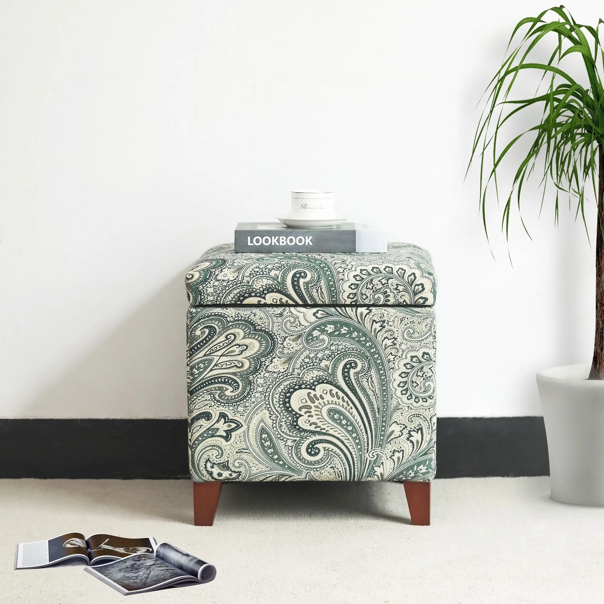 Adeco Floral Printed Linen Cube Storage Ottoman Footrest Footstool