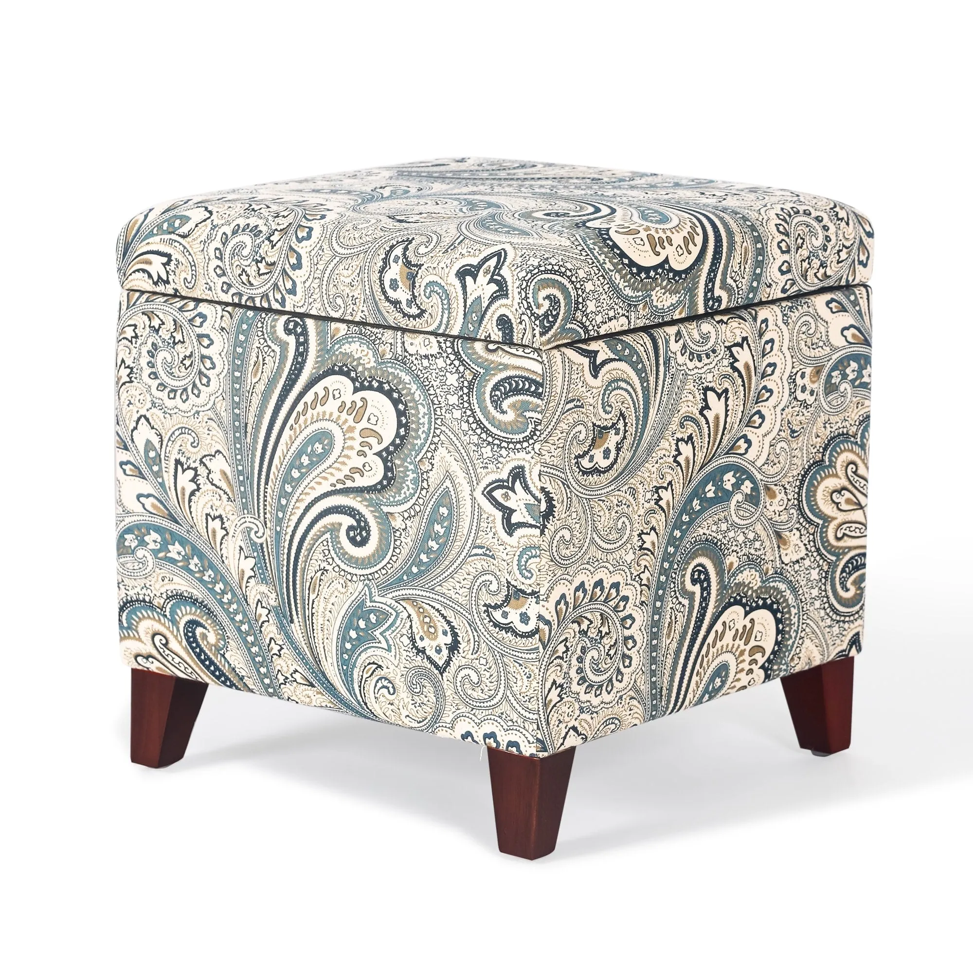 Adeco Floral Printed Linen Cube Storage Ottoman Footrest Footstool