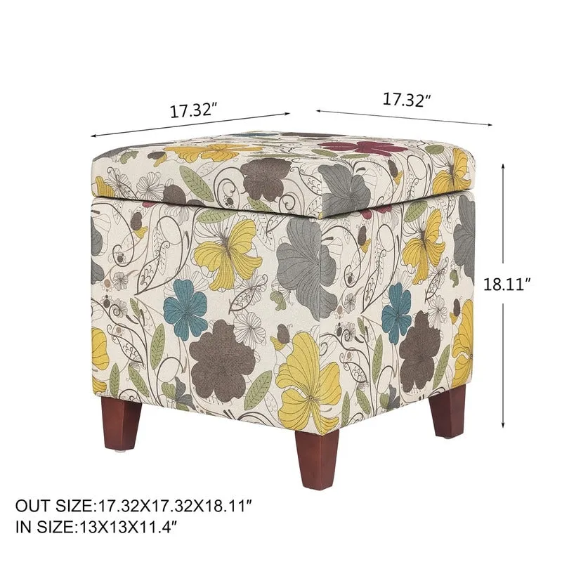 Adeco Floral Printed Linen Cube Storage Ottoman Footrest Footstool