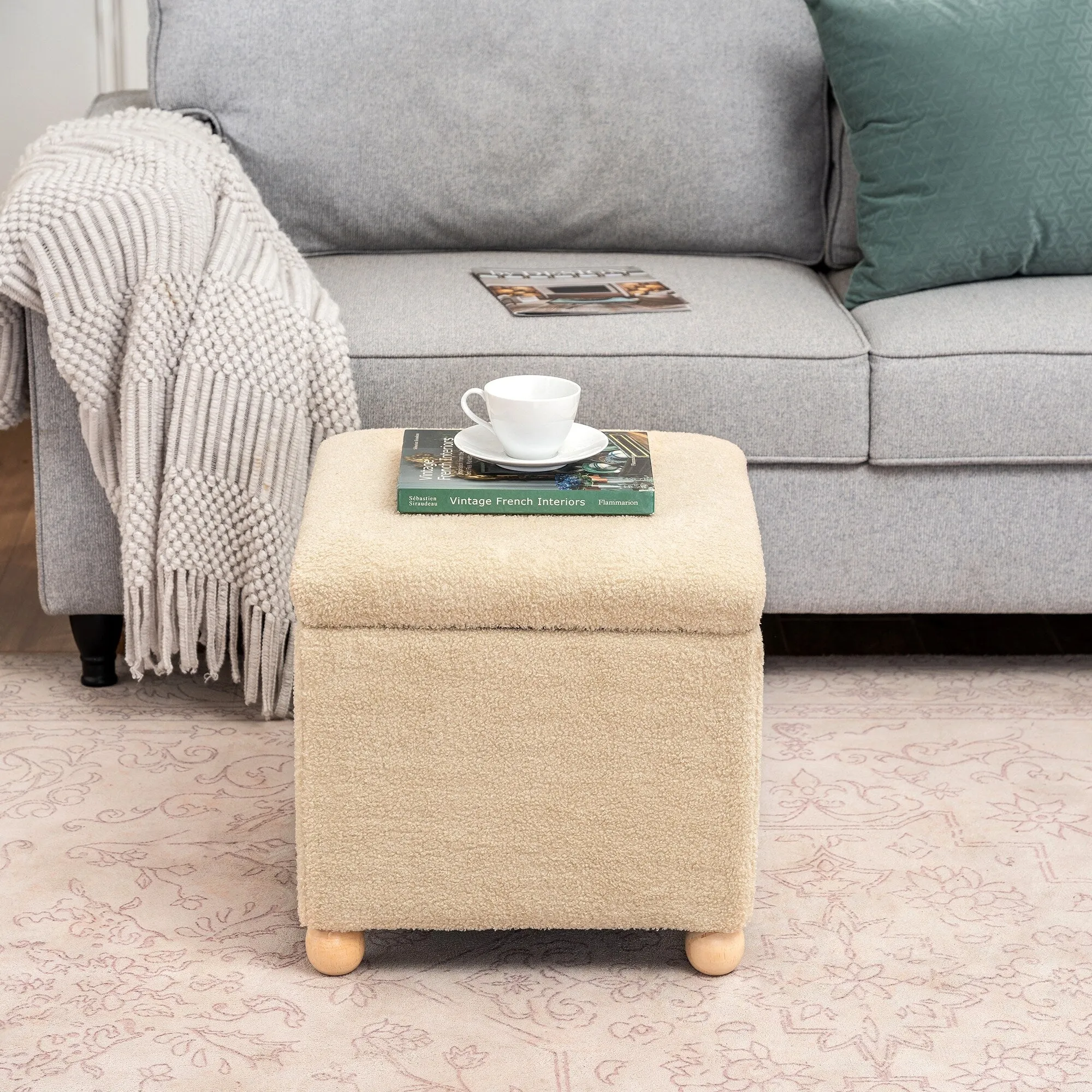 Adeco Floral Printed Linen Cube Storage Ottoman Footrest Footstool
