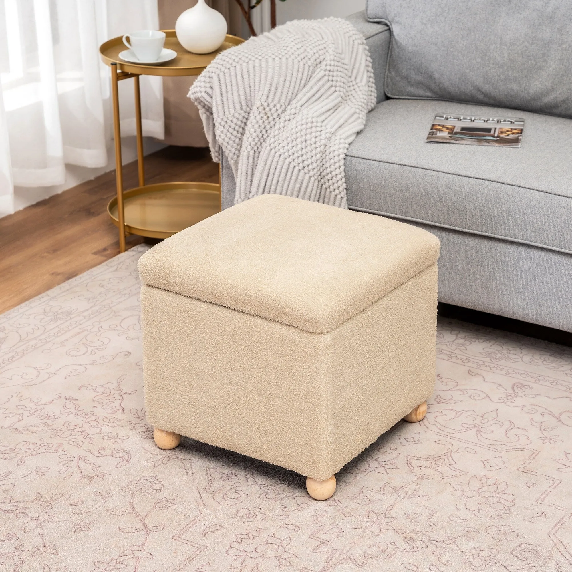 Adeco Floral Printed Linen Cube Storage Ottoman Footrest Footstool
