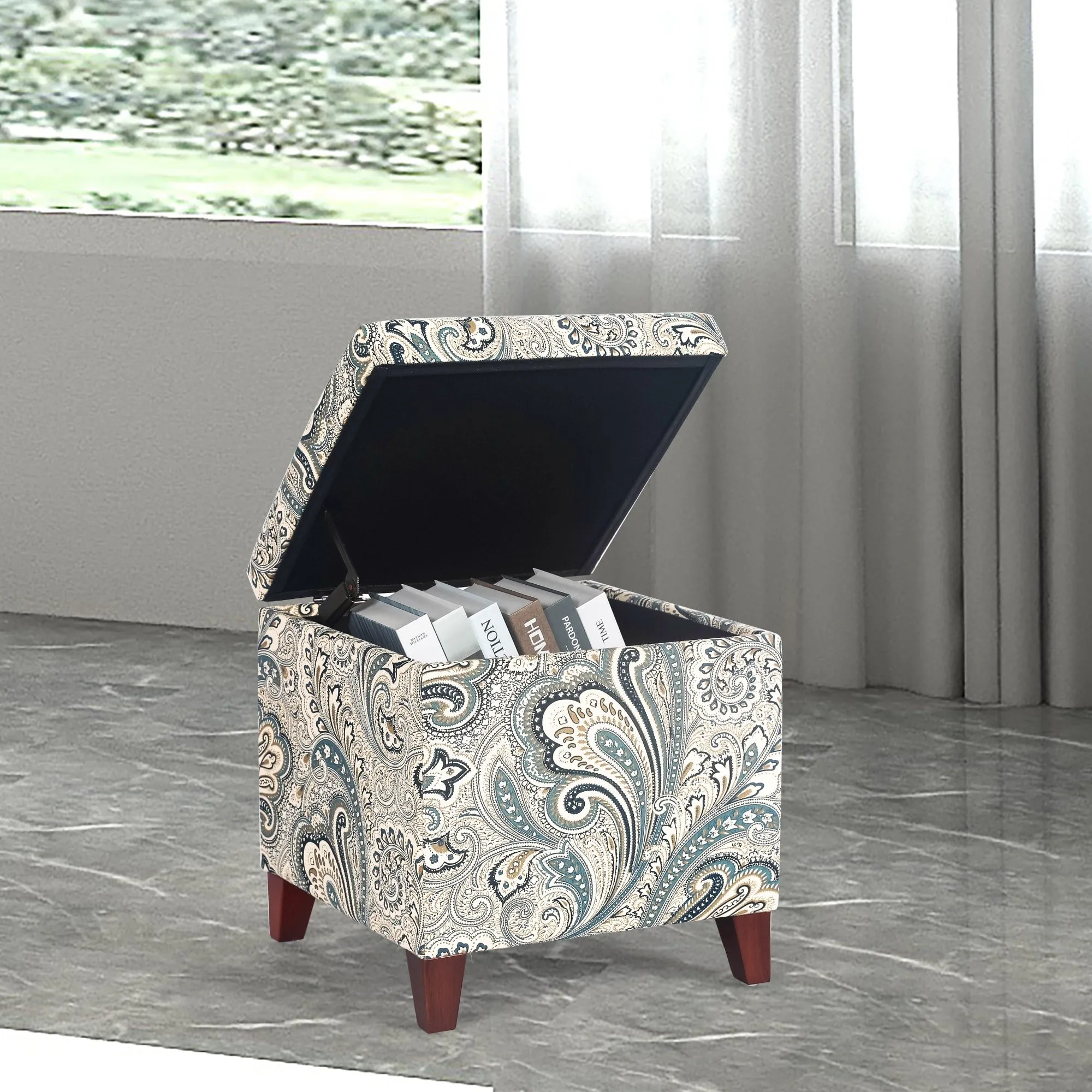 Adeco Floral Printed Linen Cube Storage Ottoman Footrest Footstool