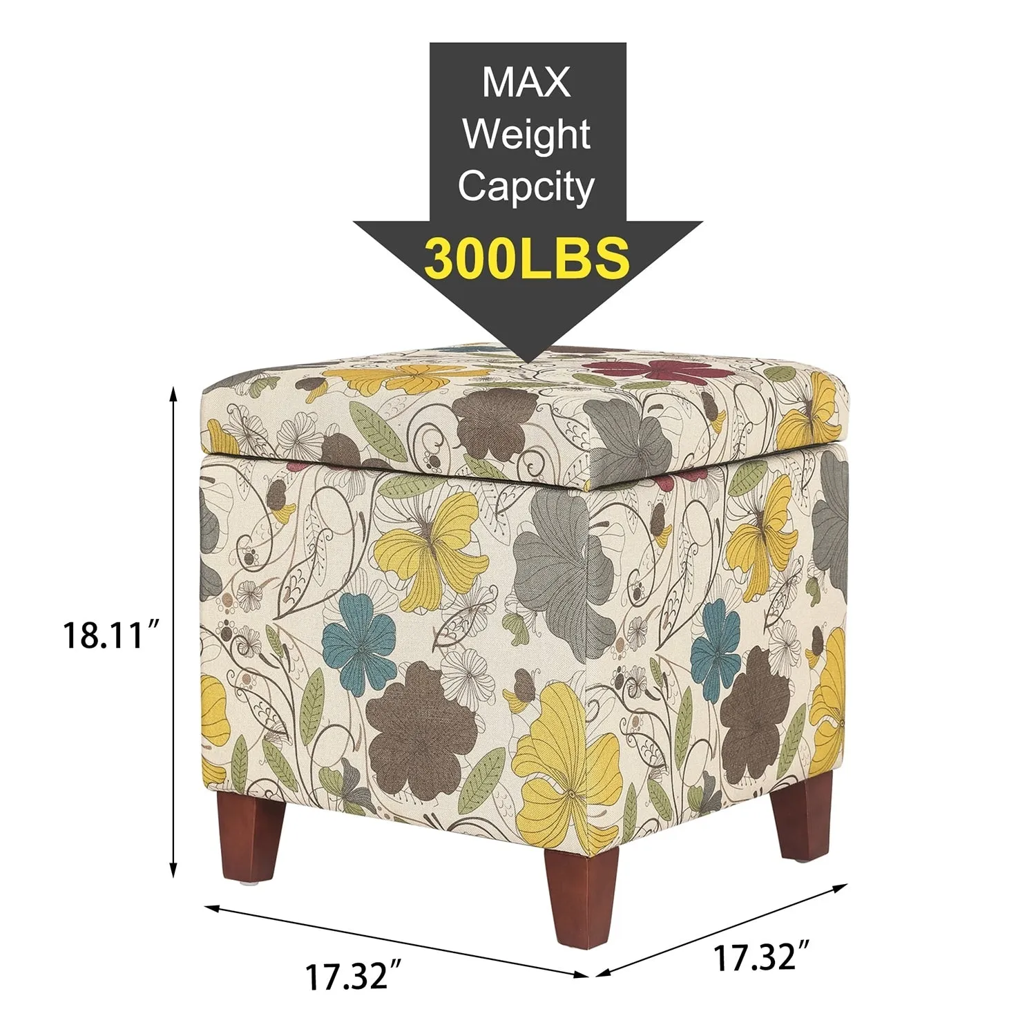 Adeco Floral Printed Linen Cube Storage Ottoman Footrest Footstool