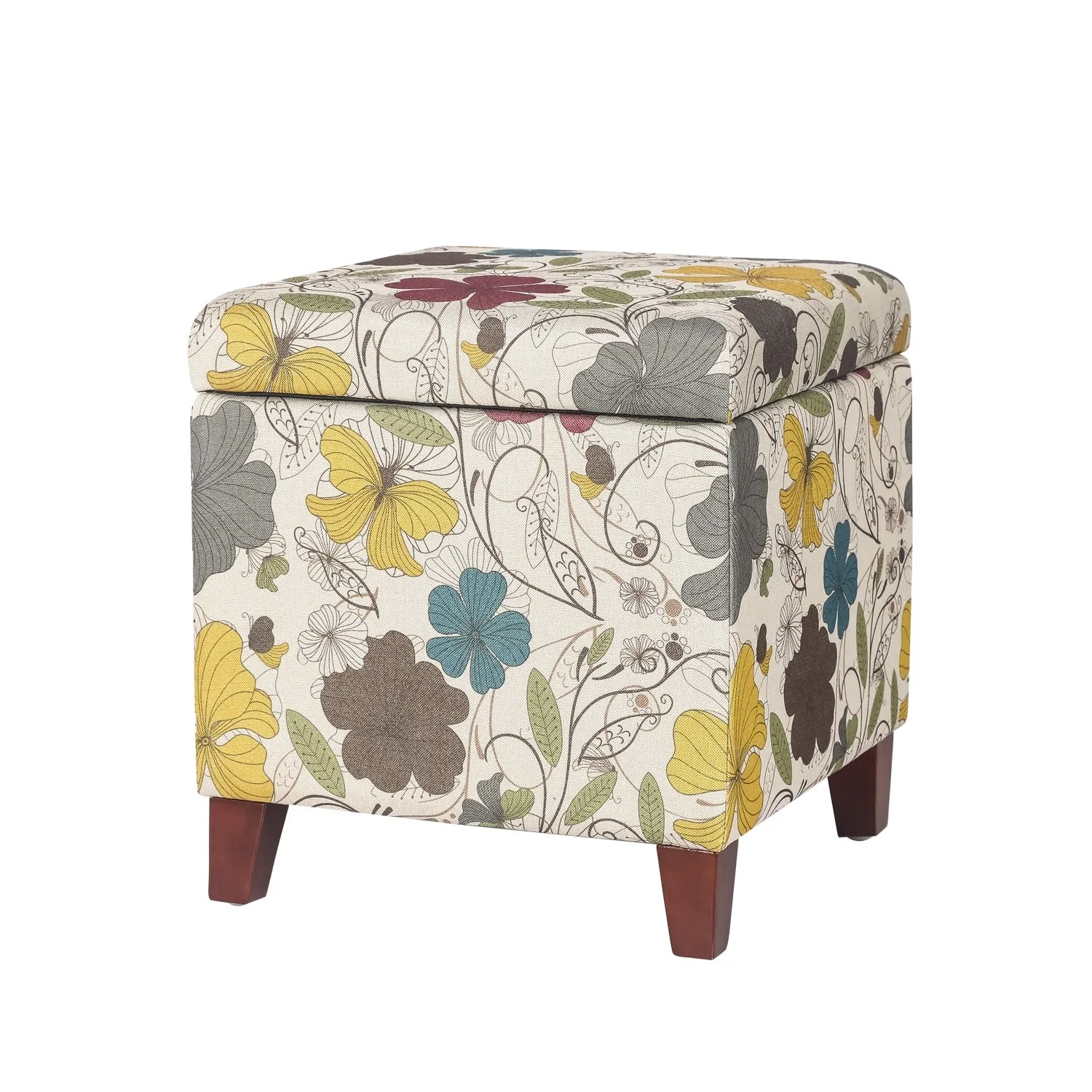 Adeco Floral Printed Linen Cube Storage Ottoman Footrest Footstool