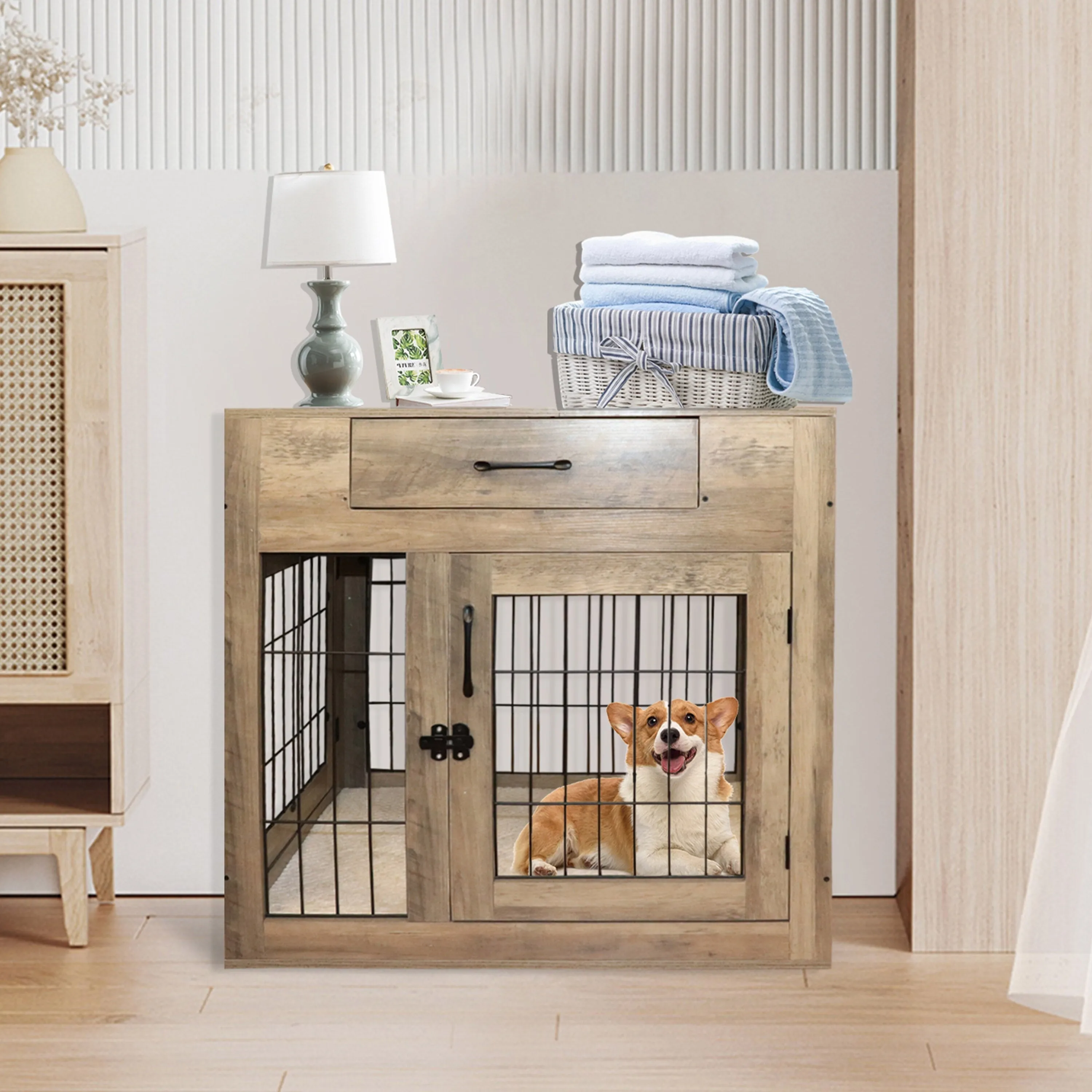 ALEKO Dog Crate Furniture Cage Kennel with Cushion Drawer for Small Medium Pet