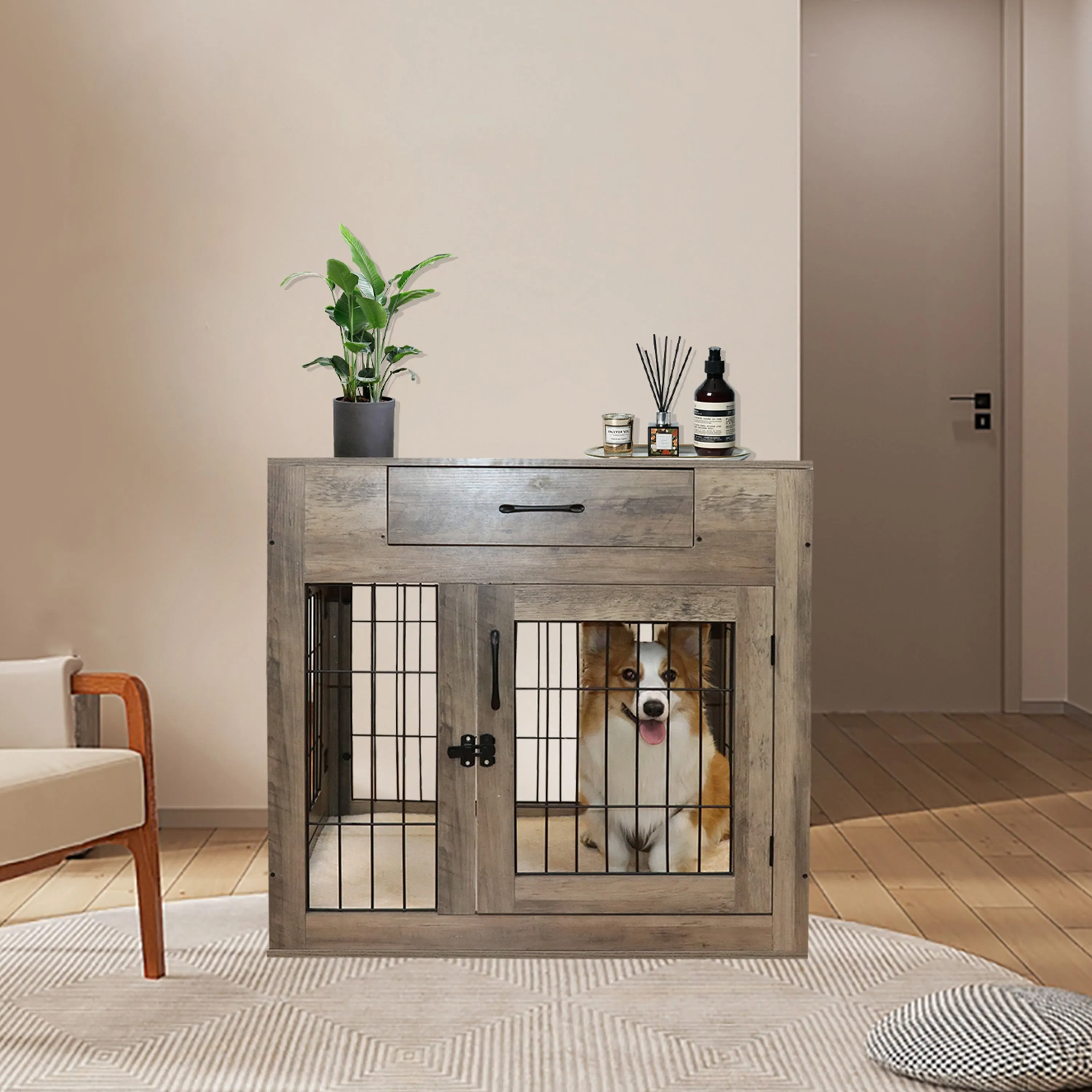 ALEKO Dog Crate Furniture Cage Kennel with Cushion Drawer for Small Medium Pet