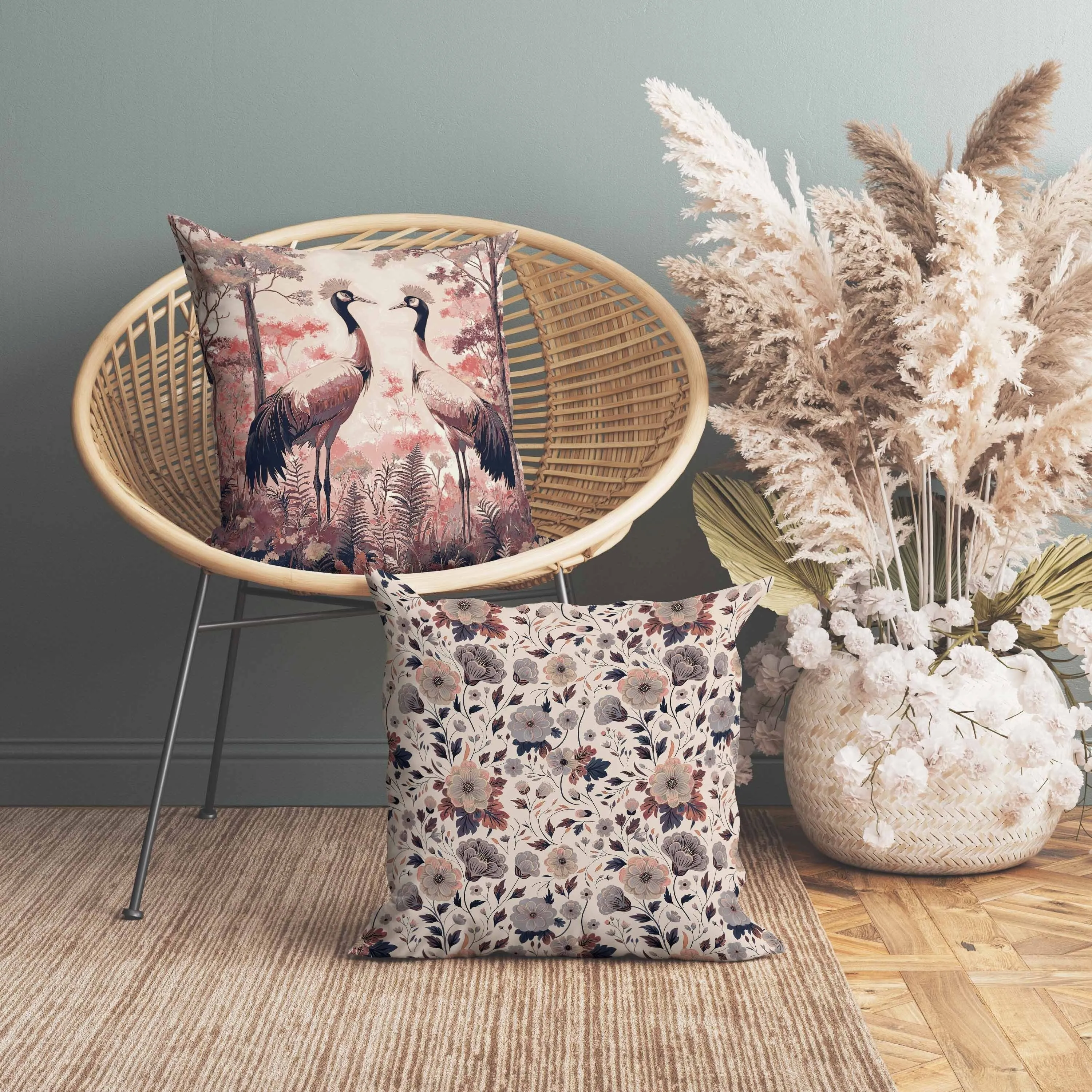 Autumnal Cranes Faux Suede Reversible Throw Pillow Pink and Black