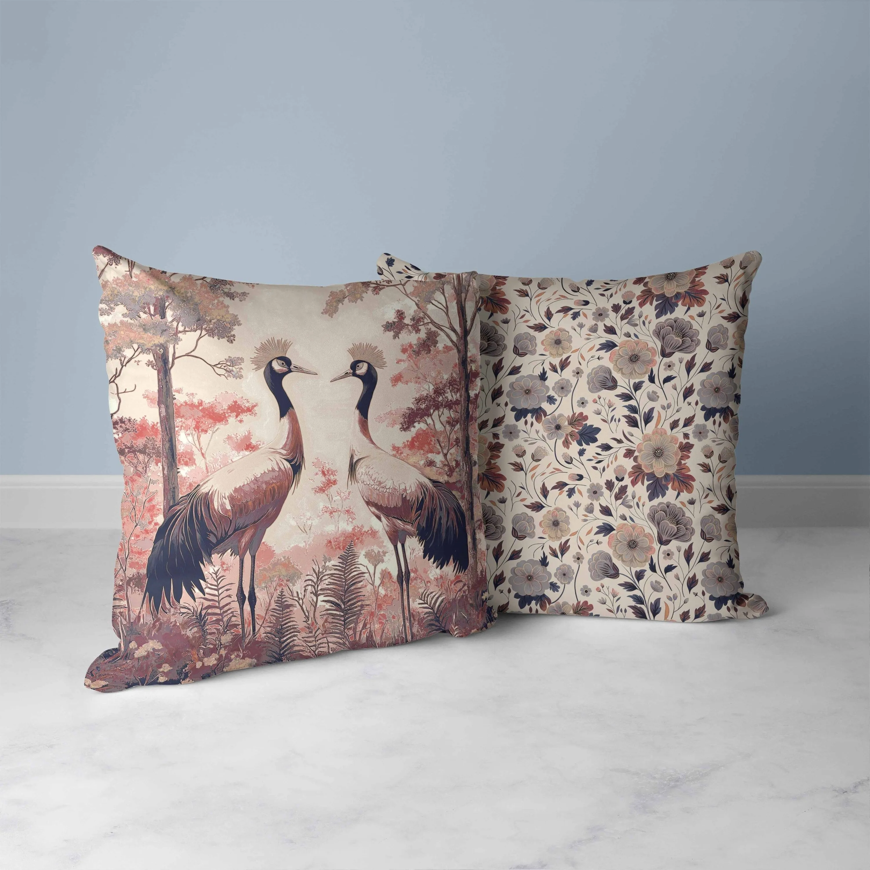 Autumnal Cranes Faux Suede Reversible Throw Pillow Pink and Black