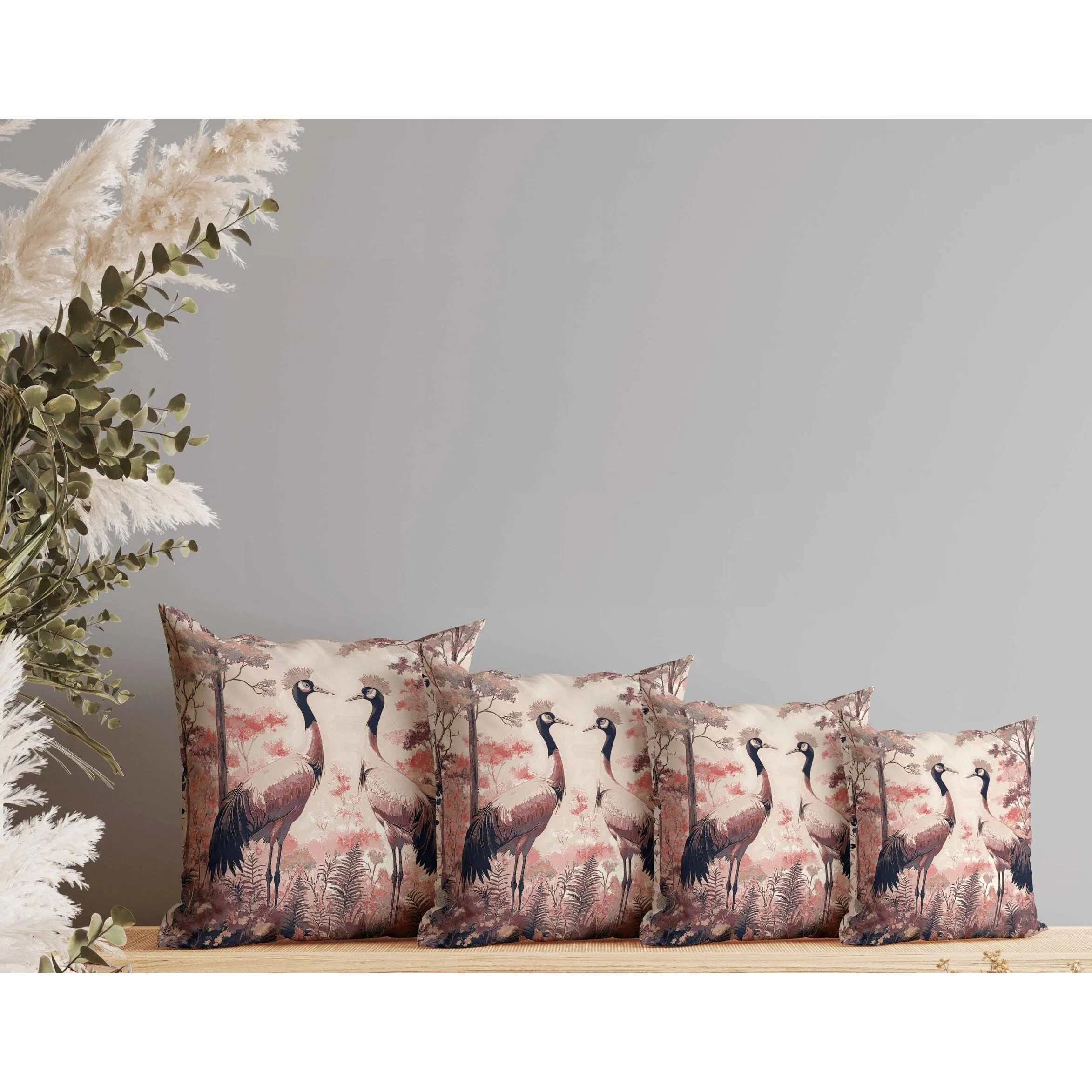 Autumnal Cranes Faux Suede Reversible Throw Pillow Pink and Black