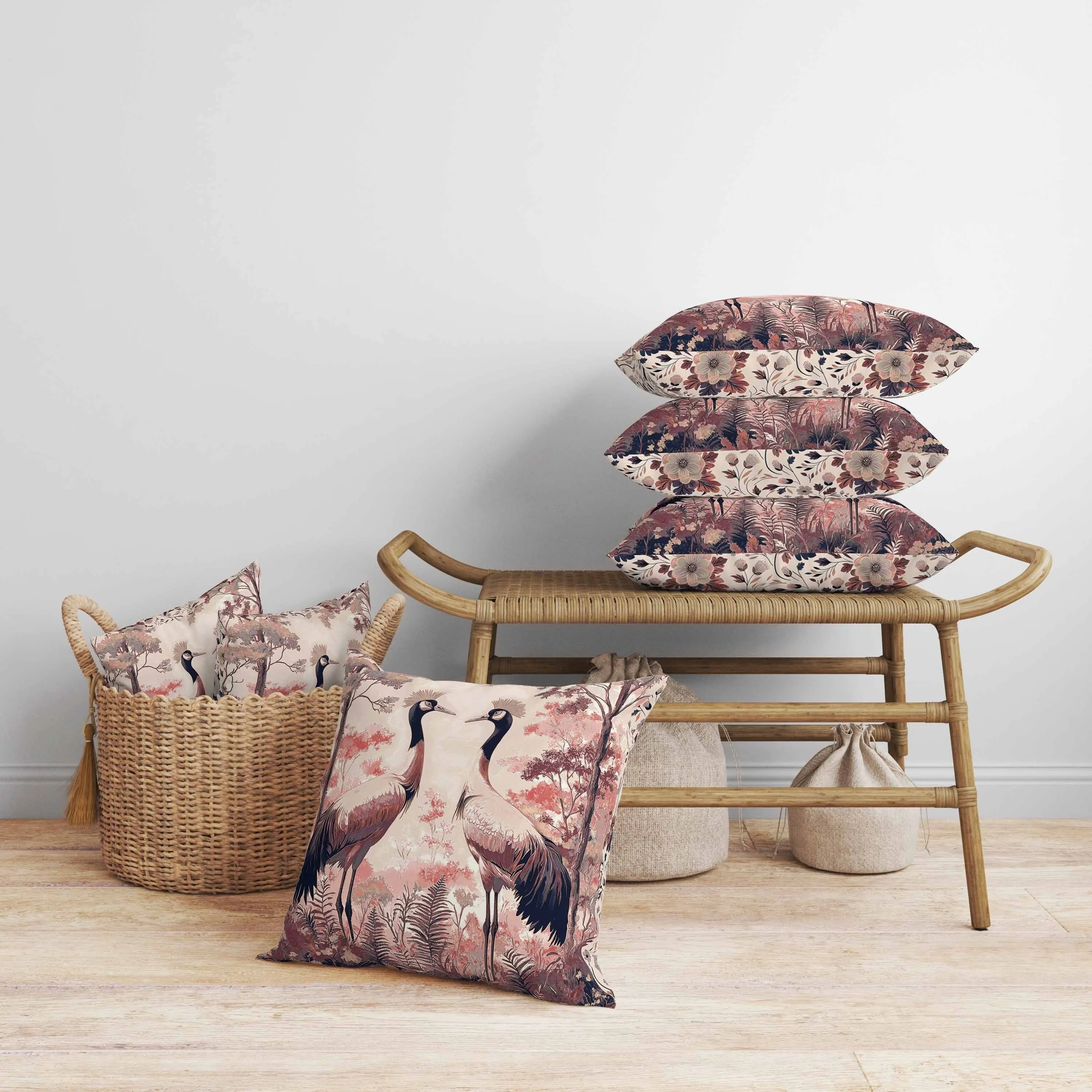 Autumnal Cranes Faux Suede Reversible Throw Pillow Pink and Black