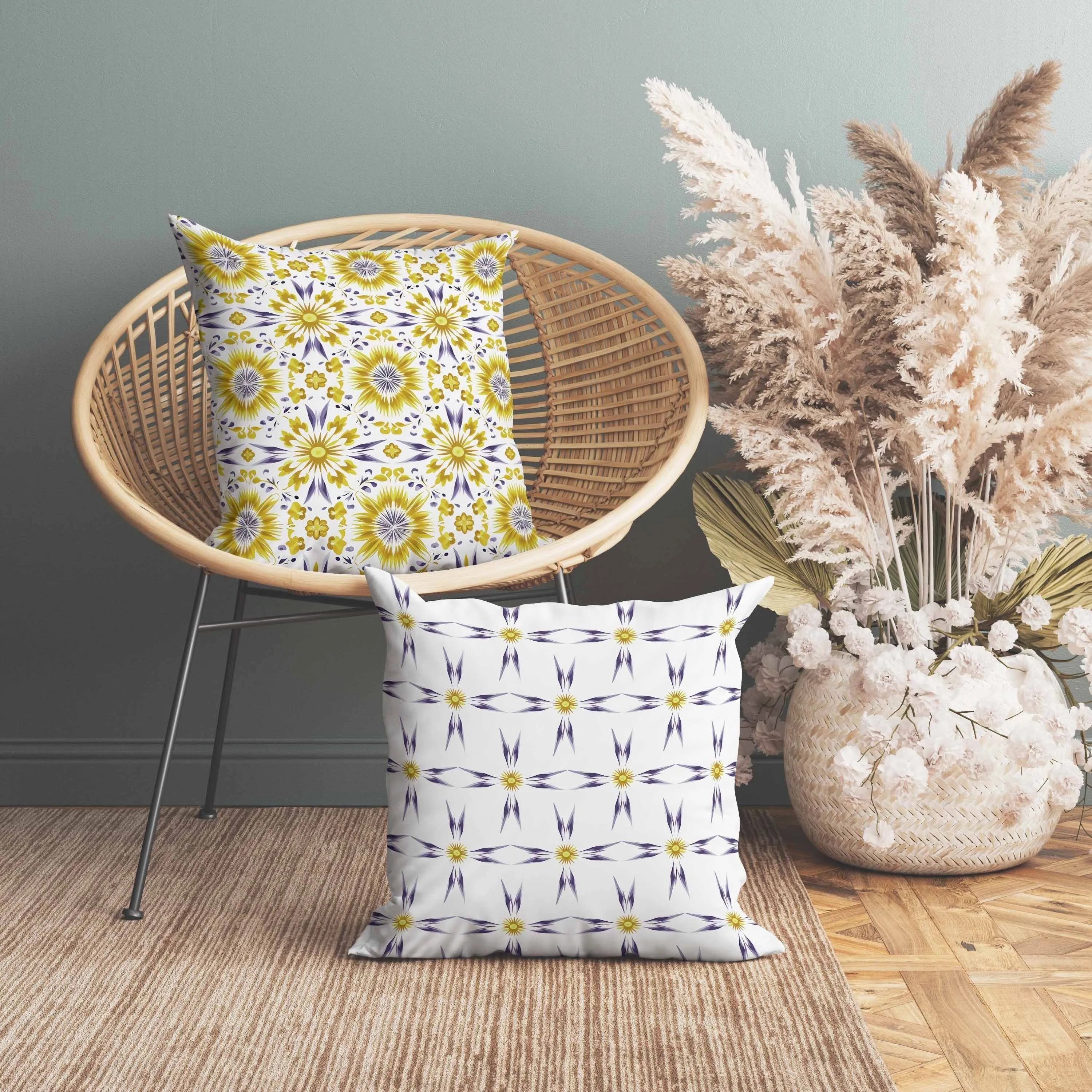 Batik Bliss Faux Suede Reversible Throw Pillow Yellow and Blue