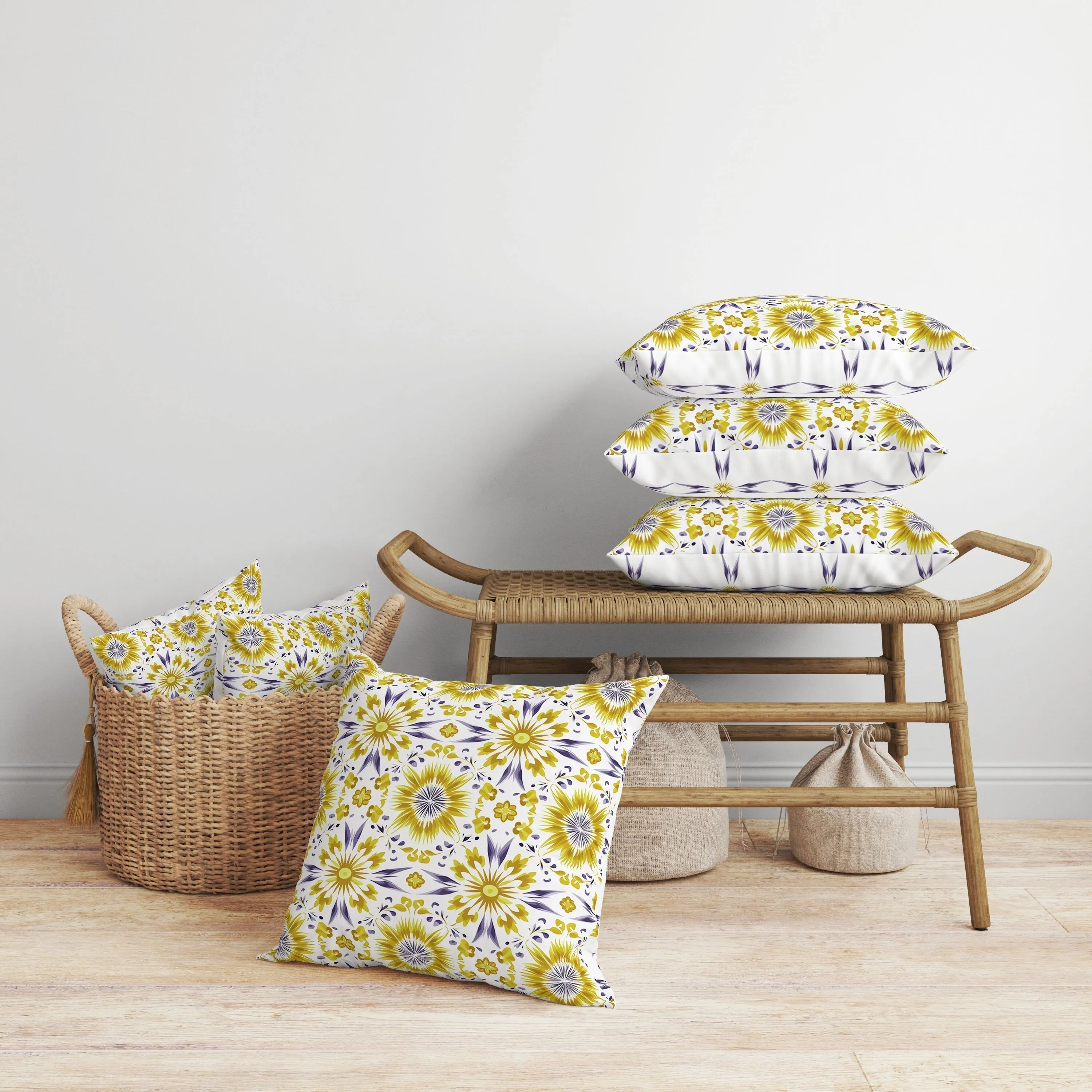 Batik Bliss Faux Suede Reversible Throw Pillow Yellow and Blue