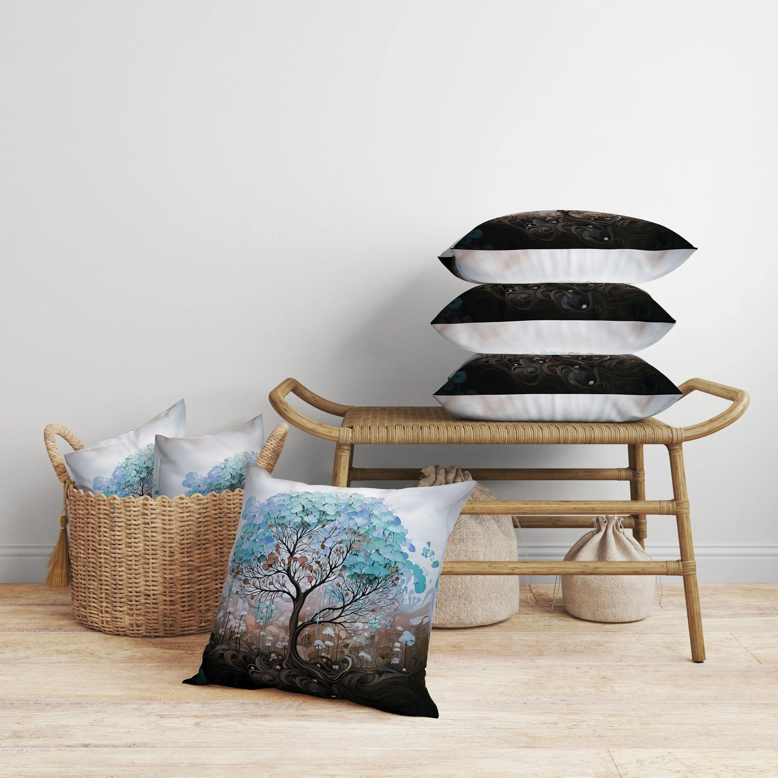 Beautiful Tree of Life Faux Suede Reversible Throw Pillow Blue and Brown