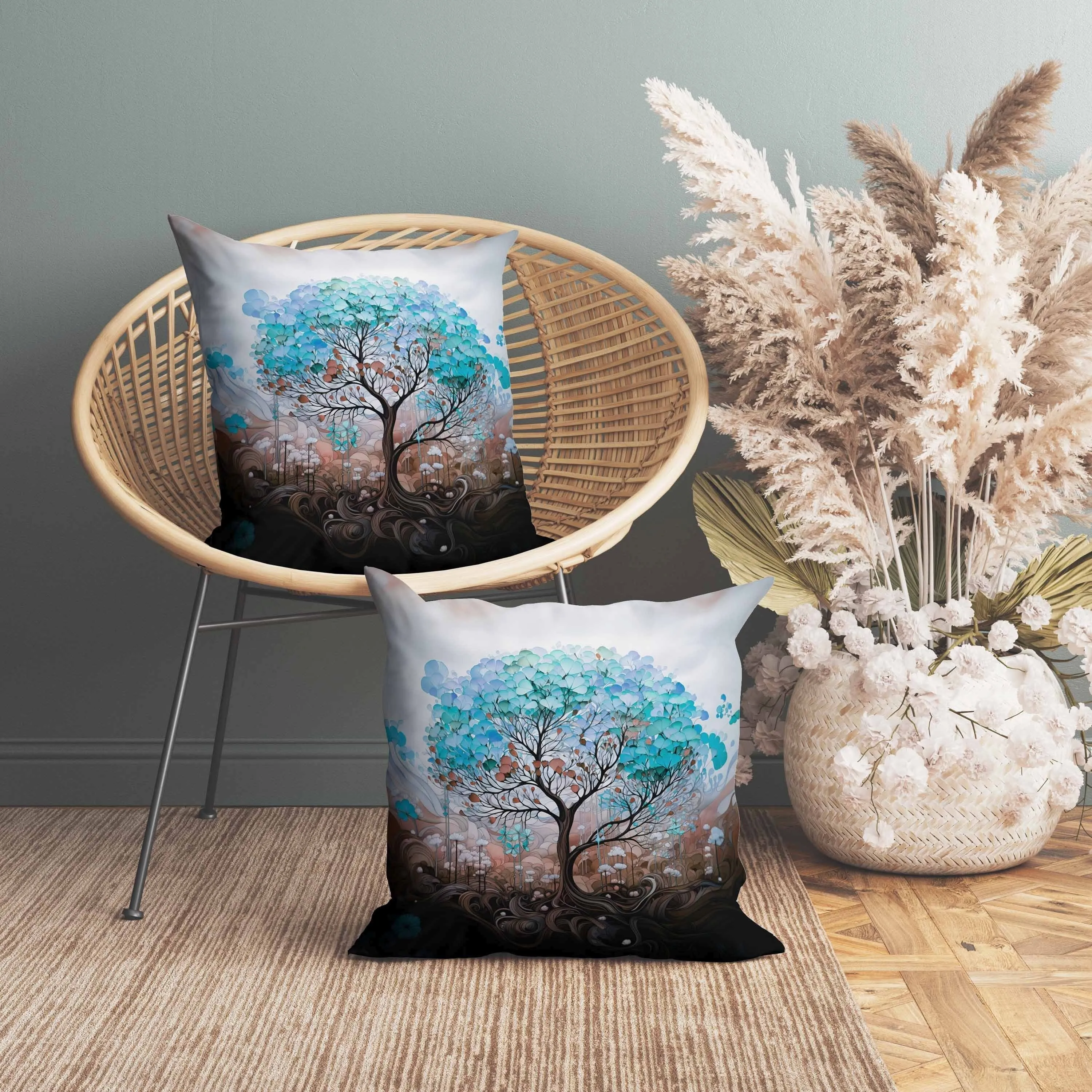 Beautiful Tree of Life Faux Suede Reversible Throw Pillow Blue and Brown