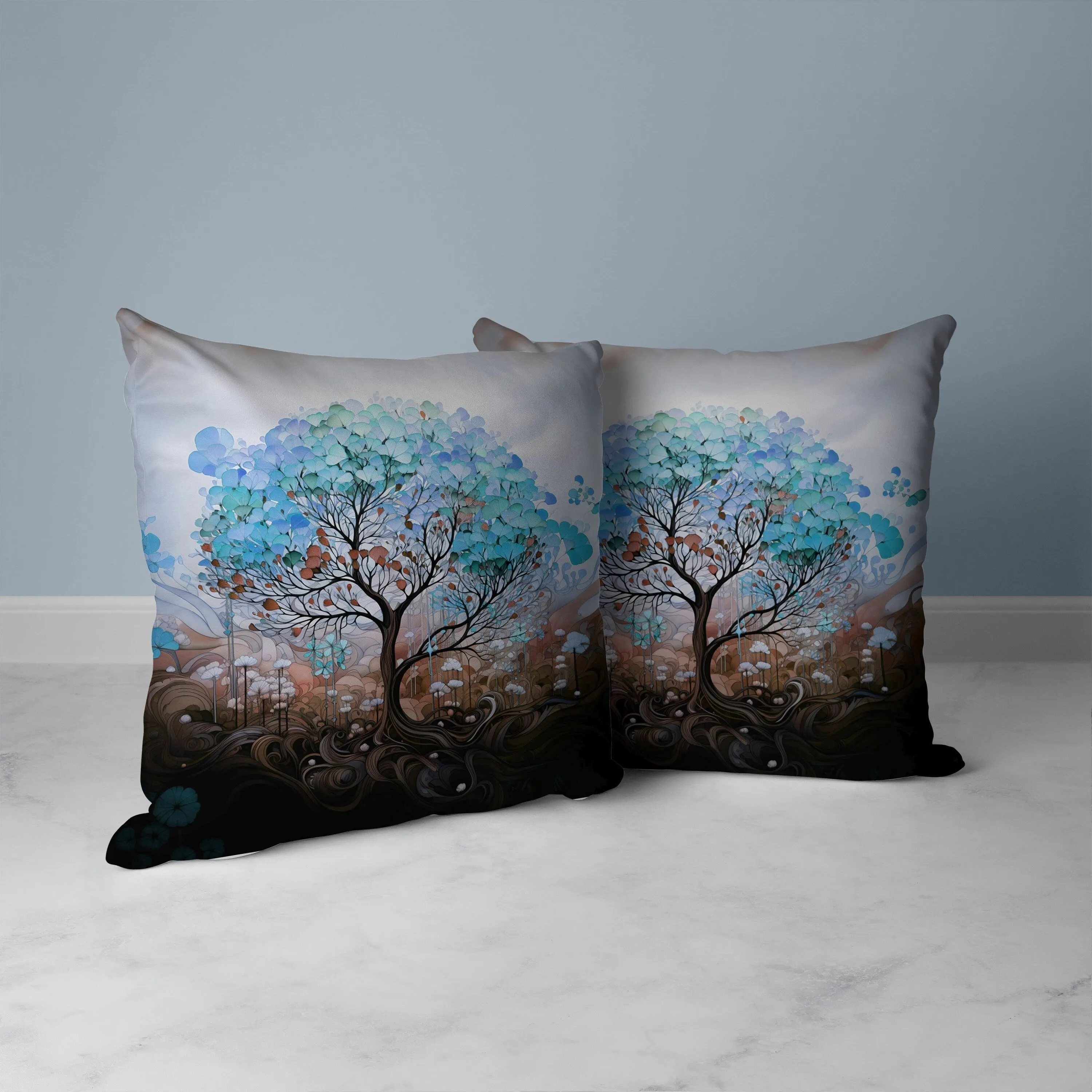 Beautiful Tree of Life Faux Suede Reversible Throw Pillow Blue and Brown