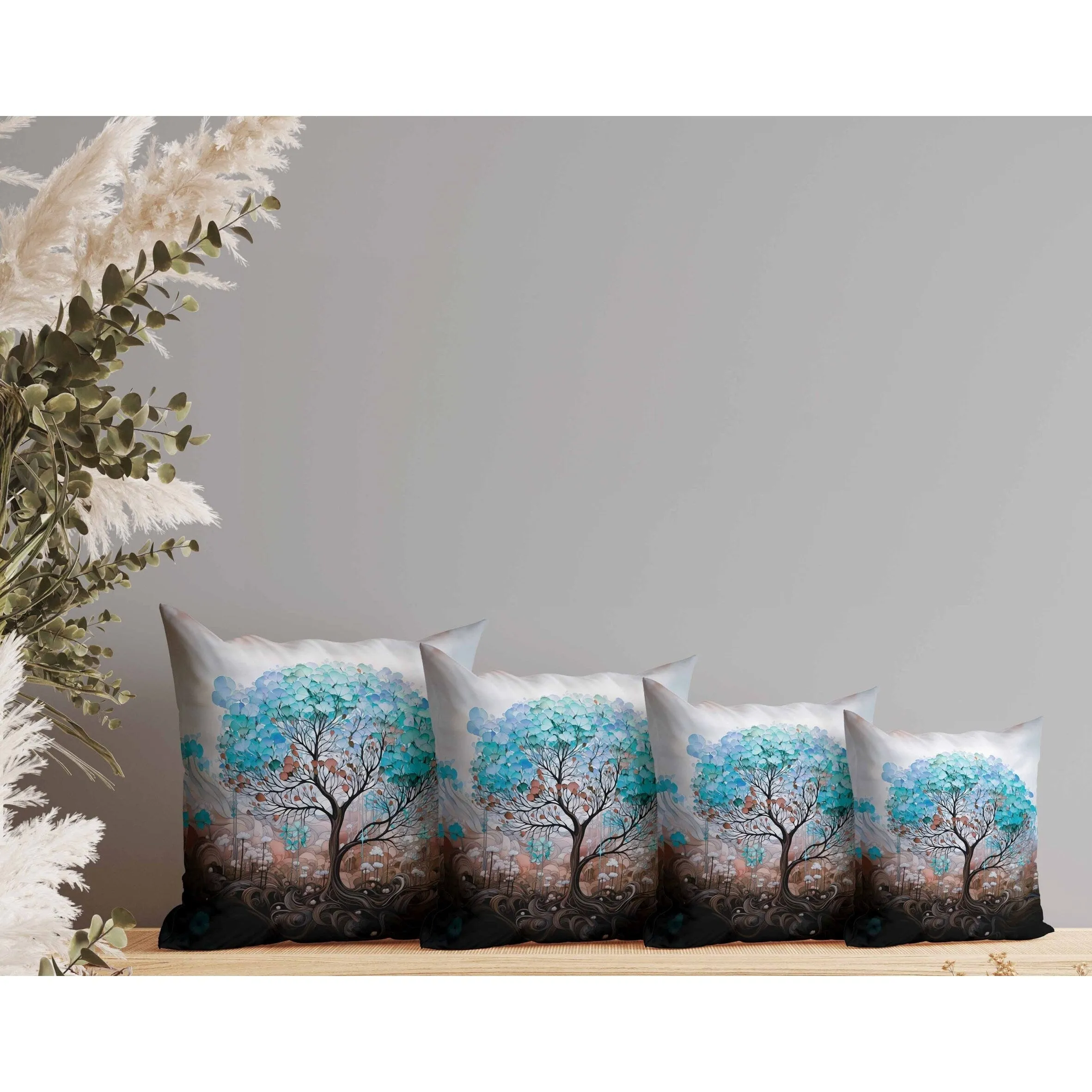 Beautiful Tree of Life Faux Suede Reversible Throw Pillow Blue and Brown