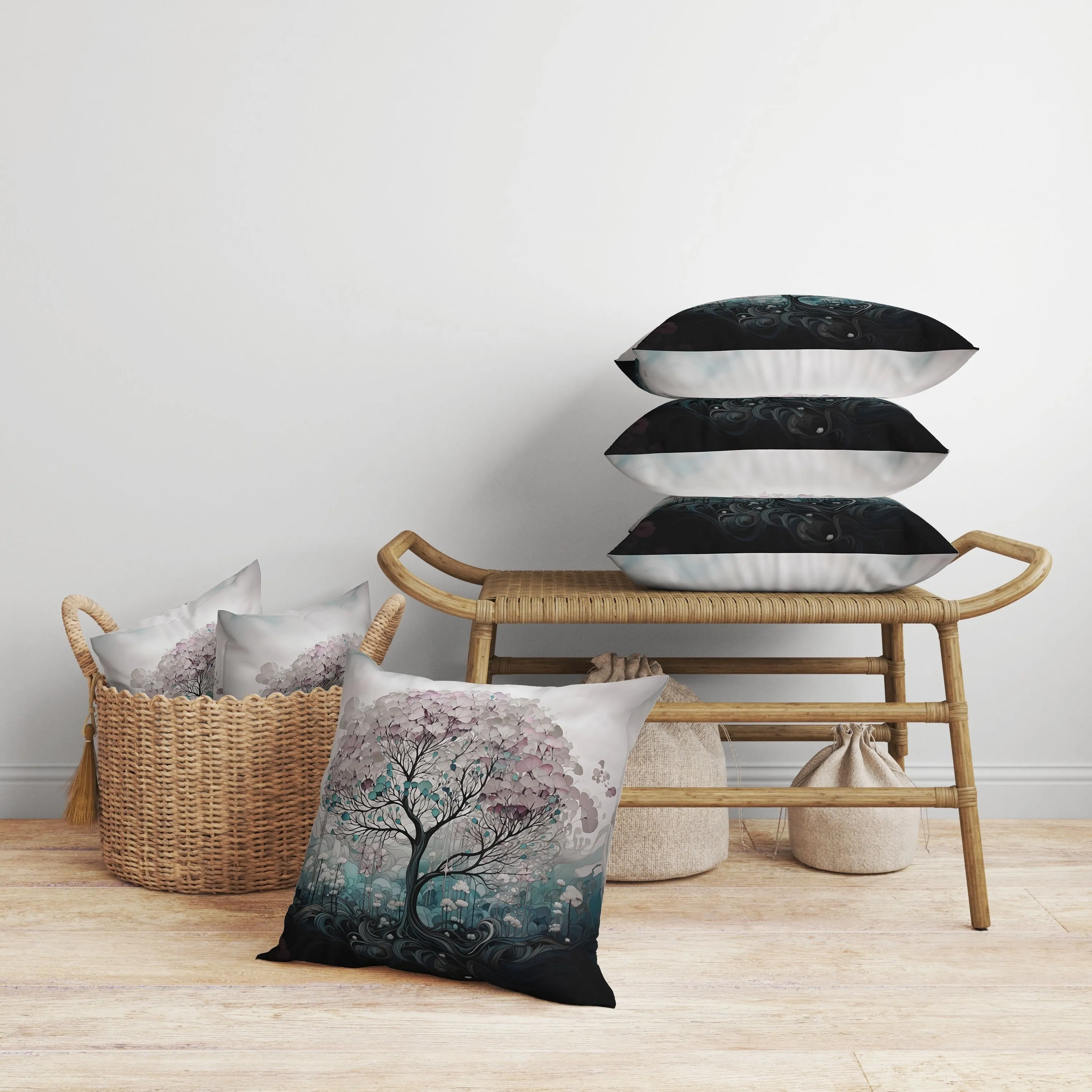 Beautiful Tree of Life Faux Suede Reversible Throw Pillow Pink and Teal
