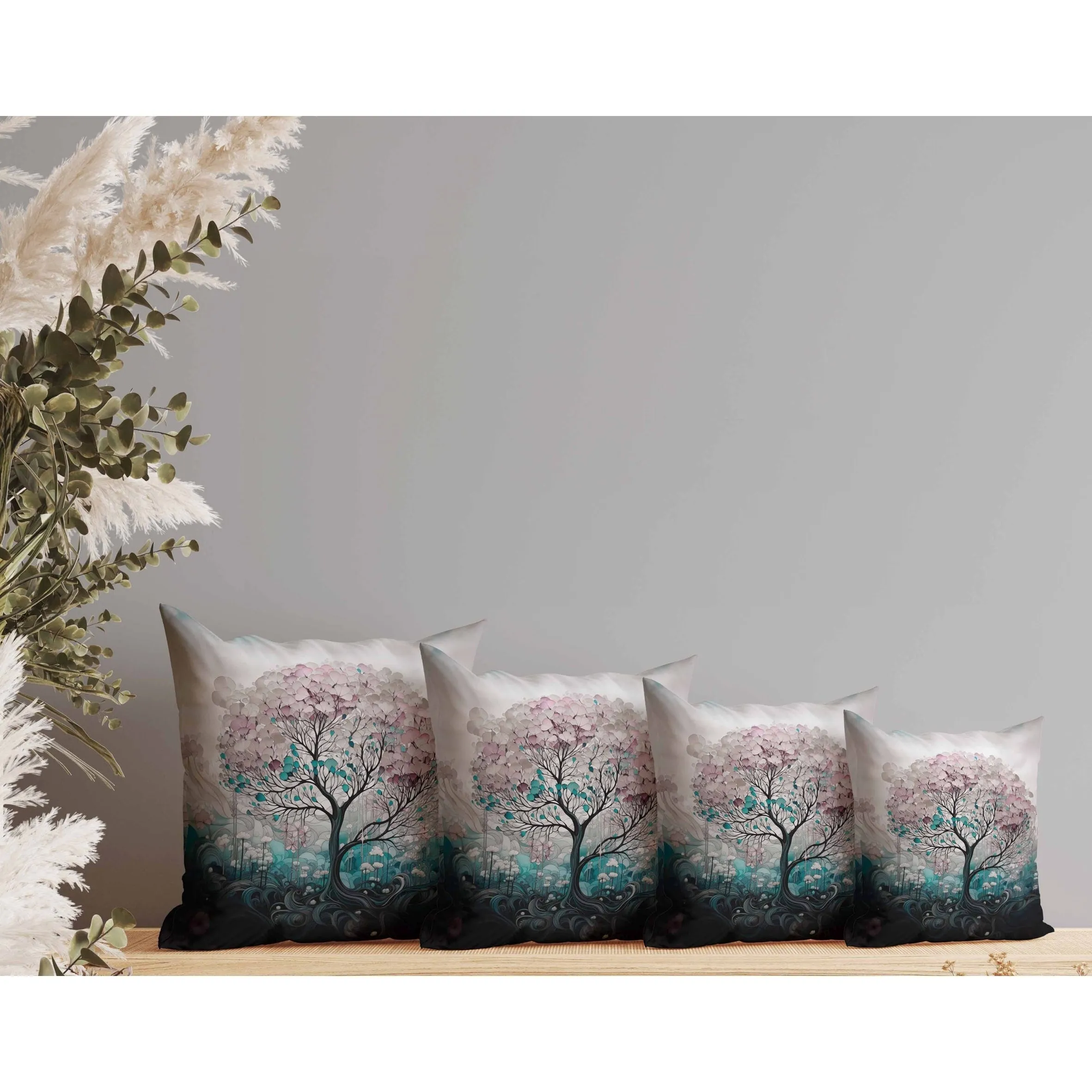 Beautiful Tree of Life Faux Suede Reversible Throw Pillow Pink and Teal
