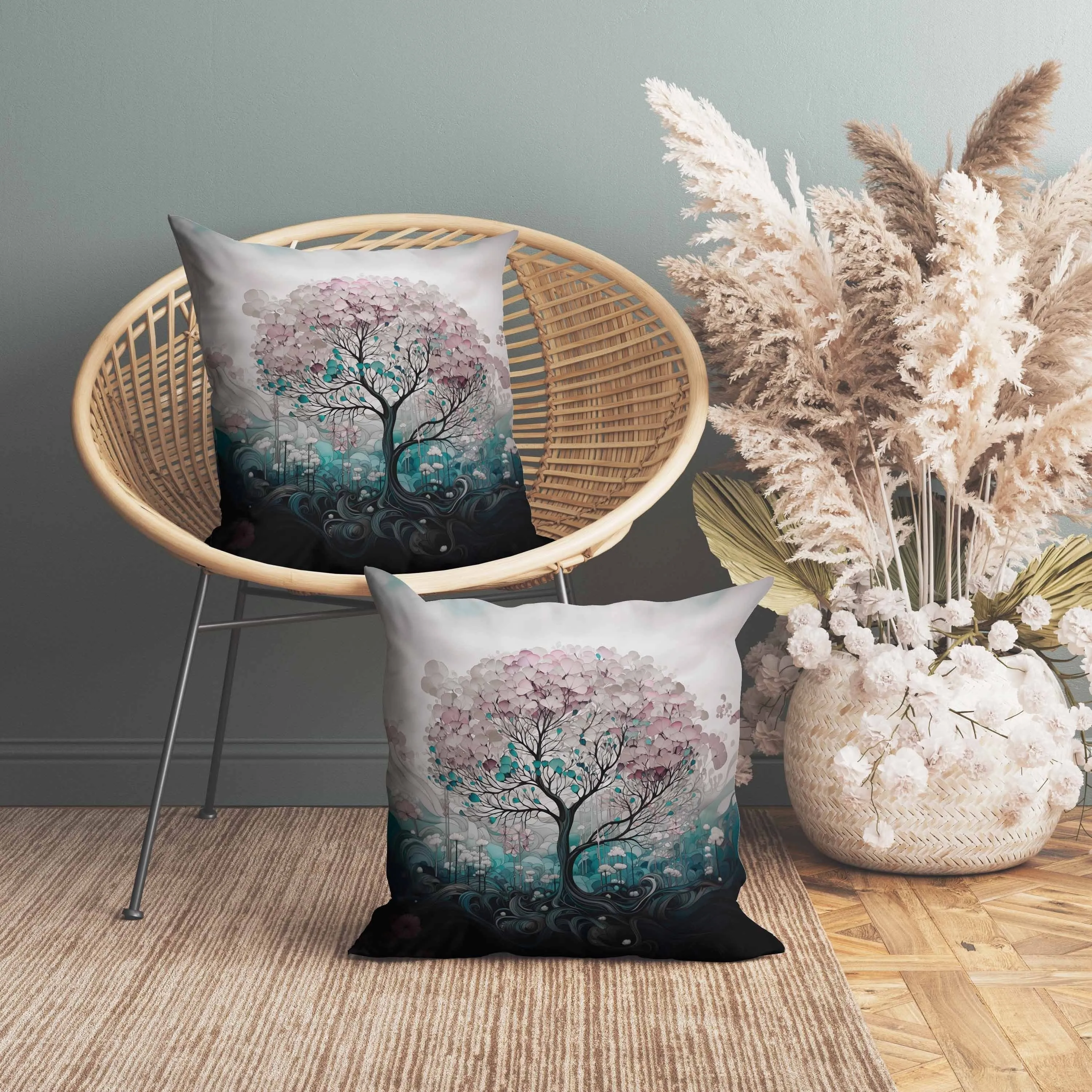 Beautiful Tree of Life Faux Suede Reversible Throw Pillow Pink and Teal