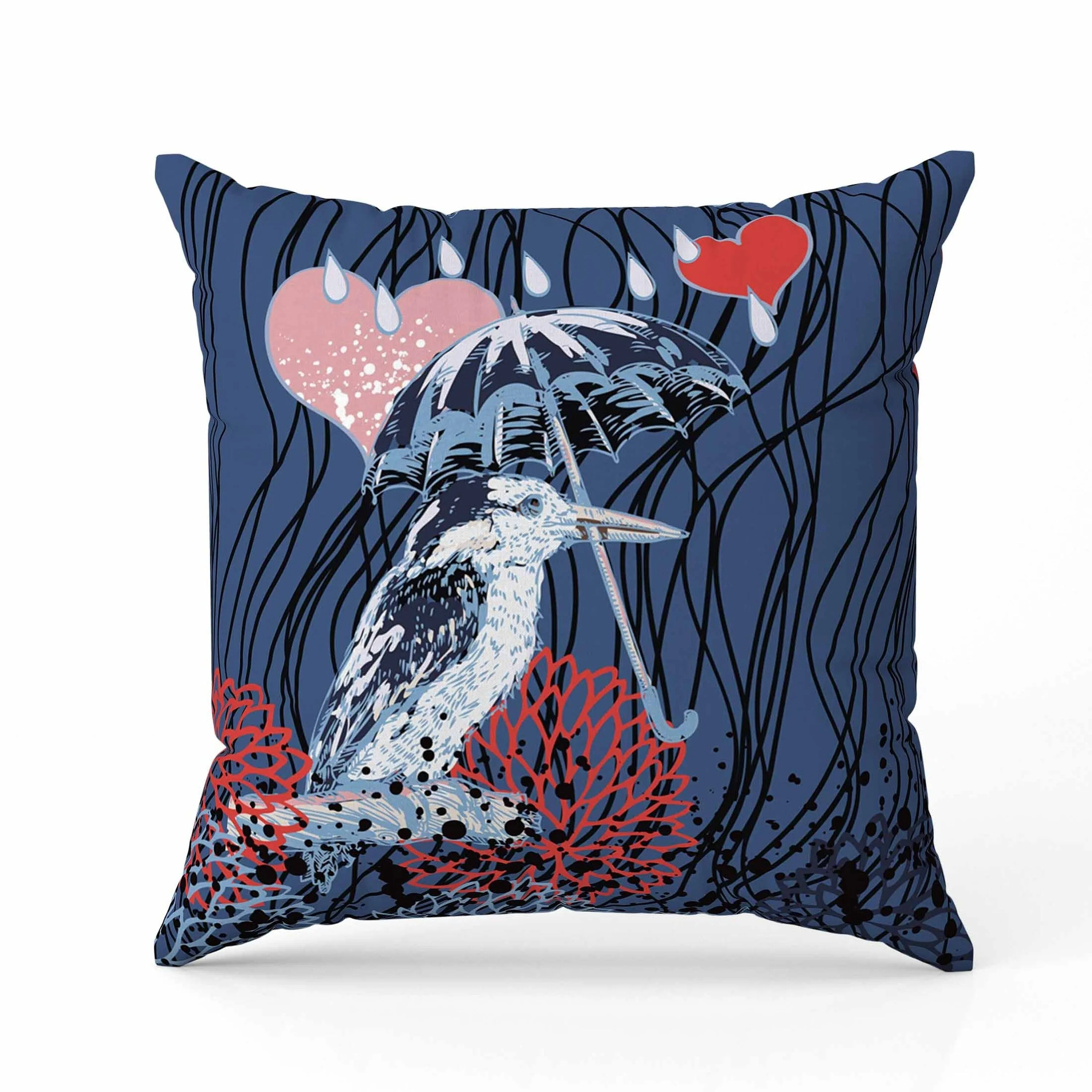 Bird with Umbrella Faux Suede Reversible Throw Pillow Blue and Red