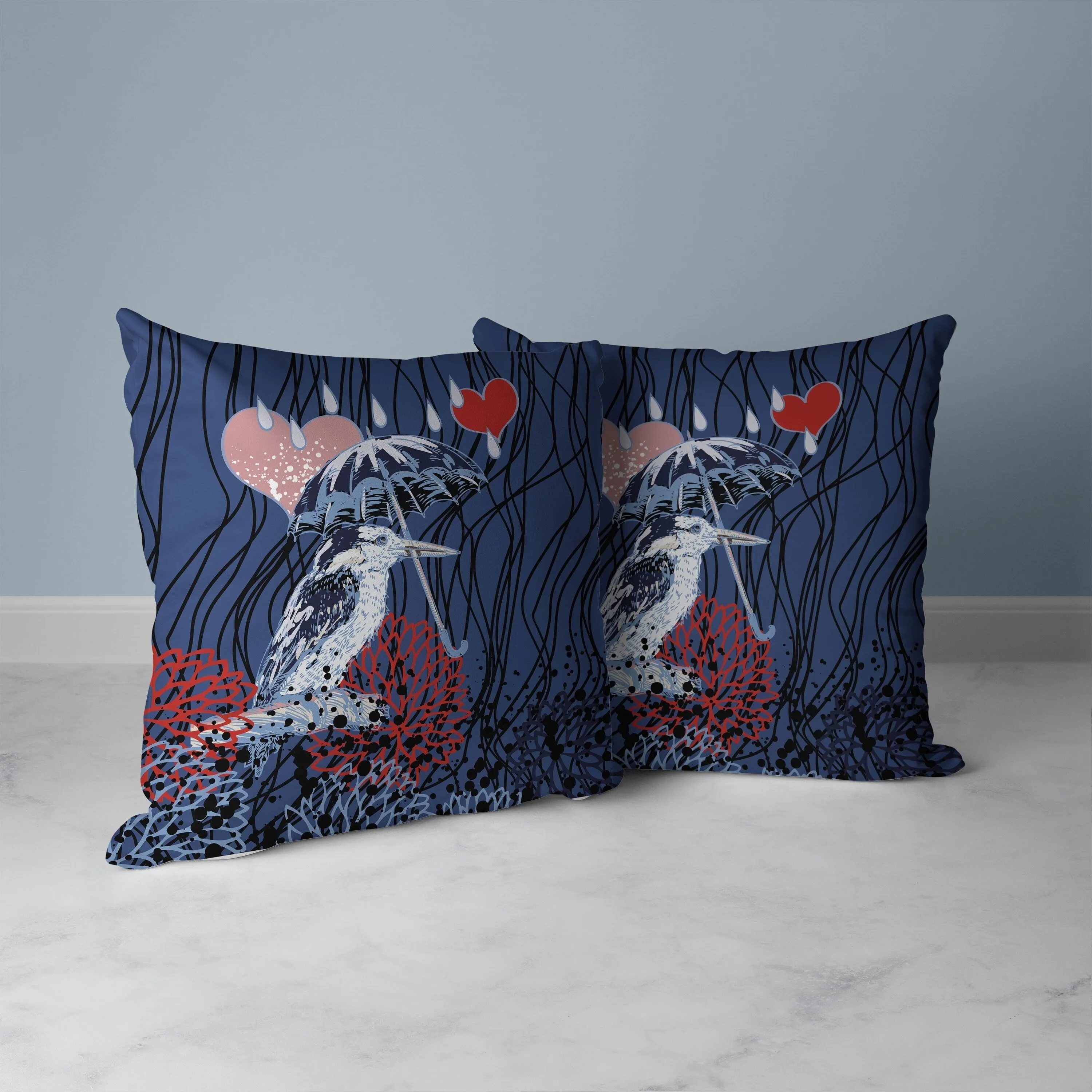 Bird with Umbrella Faux Suede Reversible Throw Pillow Blue and Red